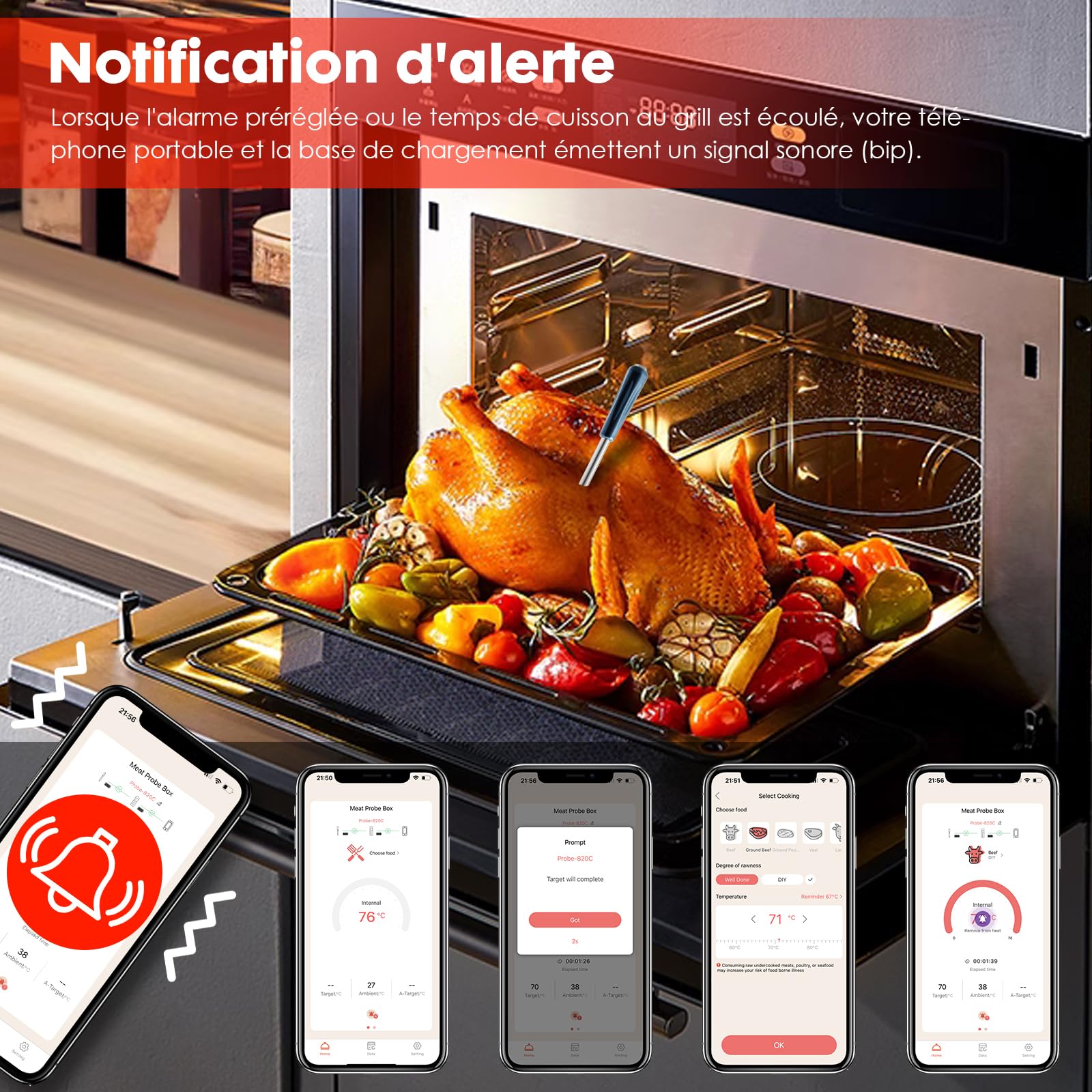 TKMARS Thermometre Cuisine Bluetooth Barbecue Professionnel Sonde Temperature Cuisine Sans Fil Smartphone Application de Surveillance Longue Portée 100M Thermomètre à Viande pour Four Electrique Grill