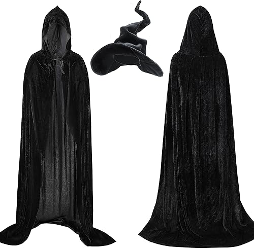 Enhon Conjunto de disfraz para Halloween, capa con capucha y sombrero de bruja, capa de terciopelo negro y sombrero de mago malvado para mujer,