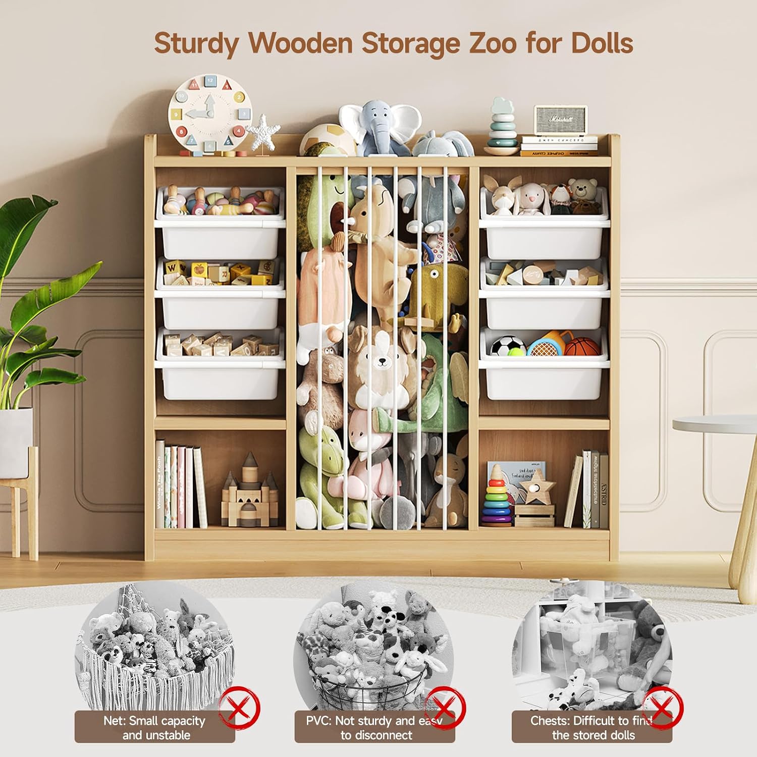 ONBRILL Toy Storage Organizer with 6 Removable Plastic Bins, Toddler Stuffed Animal Storage, Toy Box Cabinet with 2 Open Cubbies, Book Shelf for Kids Room Playroom Bedroom Nursery (Maple Wood)