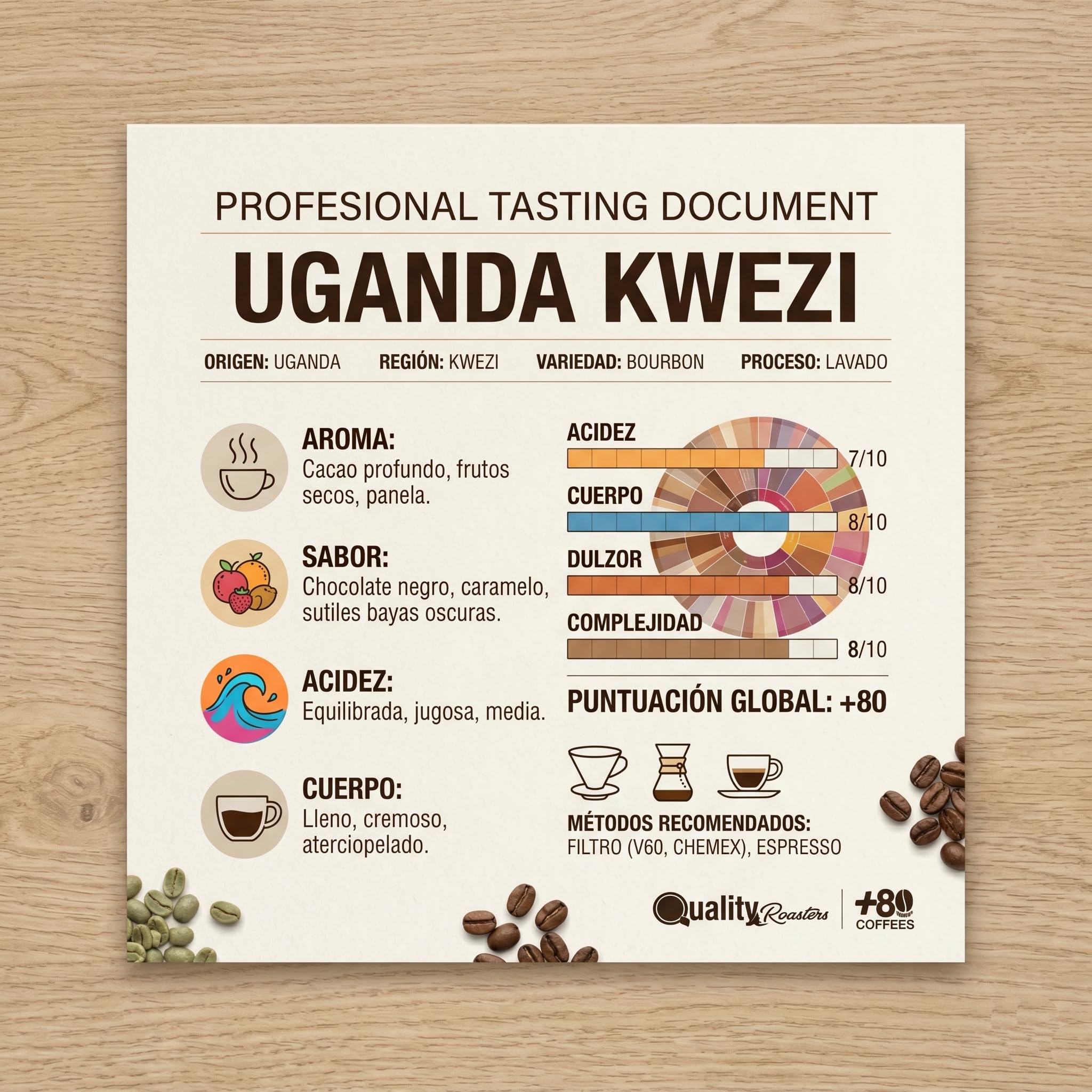 +80 Coffees by Quality Roasters. Café de Especialidad origen Uganda Kwezi. 100% Arábica. Puntuación SCA: 83. Tostado artesanalmente. (2000 Gr)