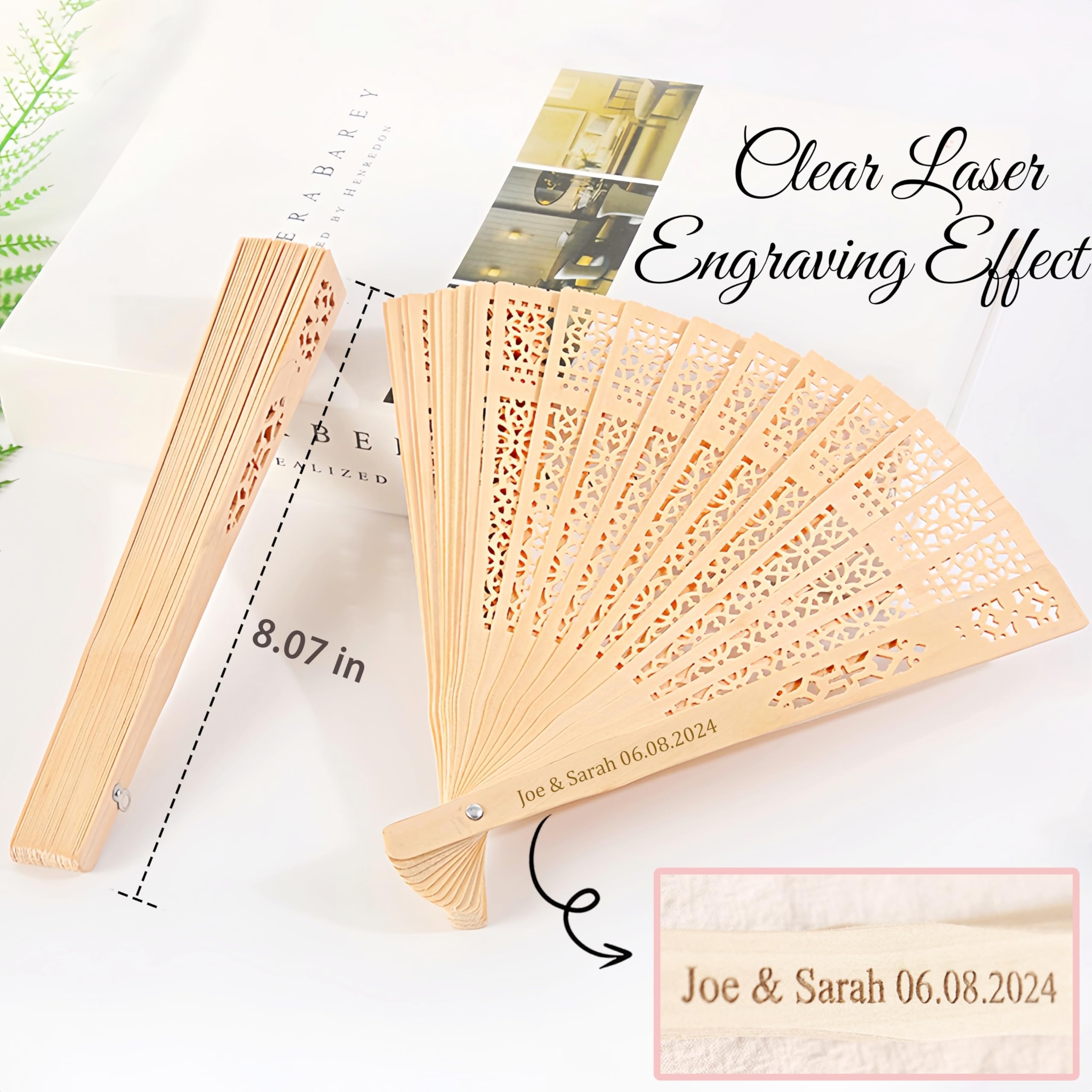 YSDZDM 50Pcs Personalized Wooden Hand Fans Wedding Favors for Guests Bulk Foldable Fans Handheld Personalized Wedding Party Gifts with Tassel Yarn Bags (50)