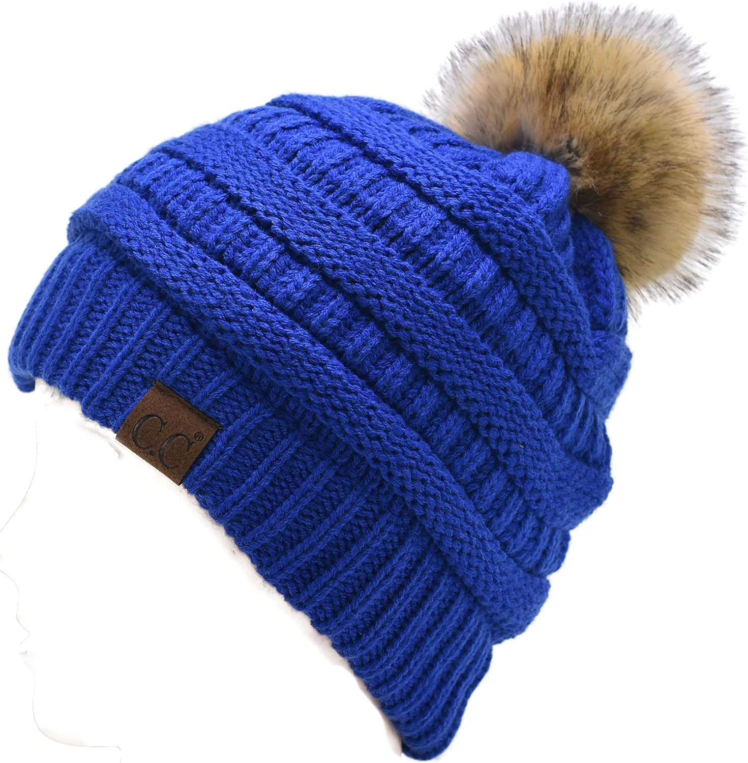 C.C Trendy Fuzzy Fleece Lined Warm Comfortable Soft Stretch Cable Knit Ribbed Faux Fur Pom Pom Beanie Hat - Image 2