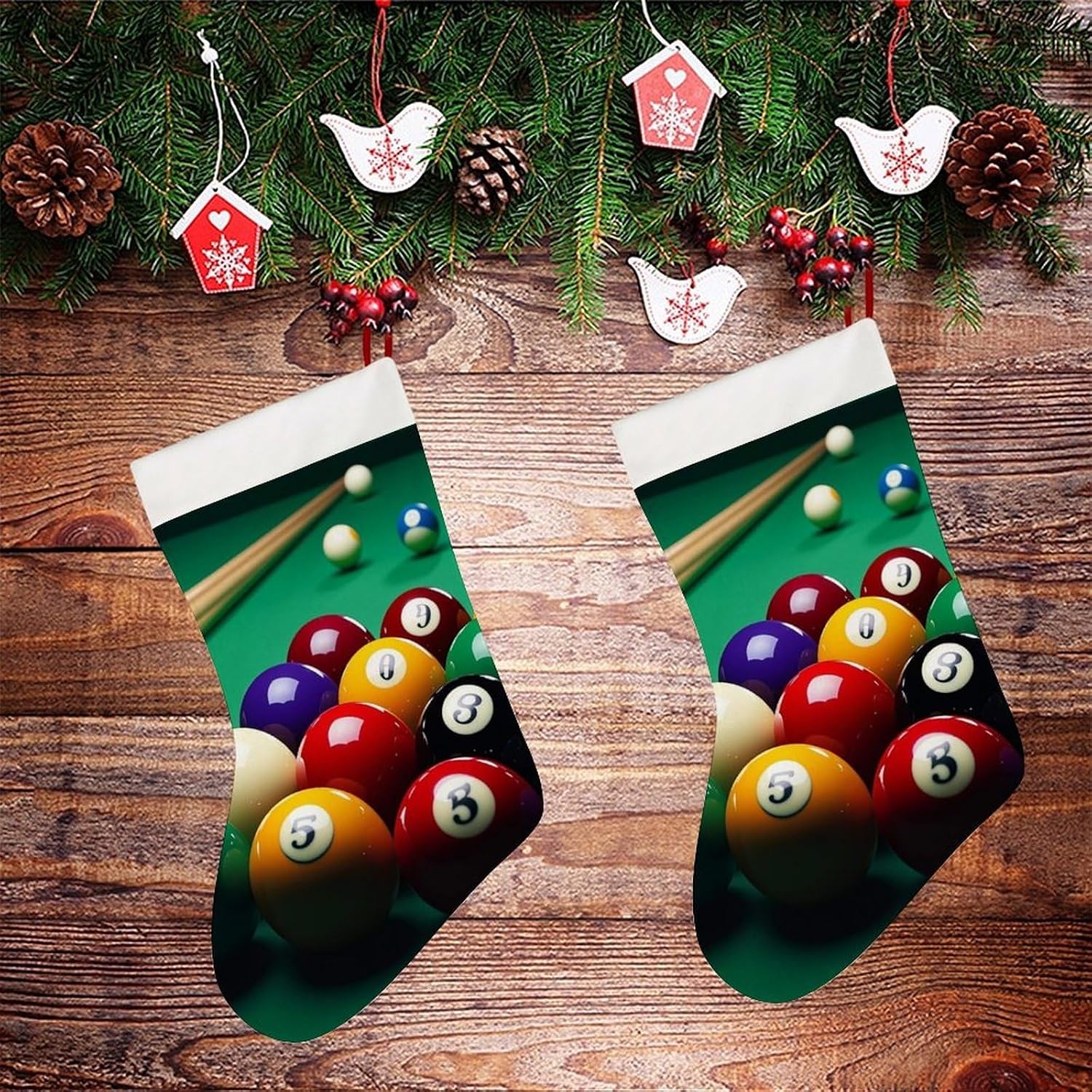 Billiards Christmas Stockings with 10.2 Inch Plush Cuff - 16.5 Inch Large Xmas Stockings for Fireplace Hanging, Traditional Holiday Decor for Family Christmas Party