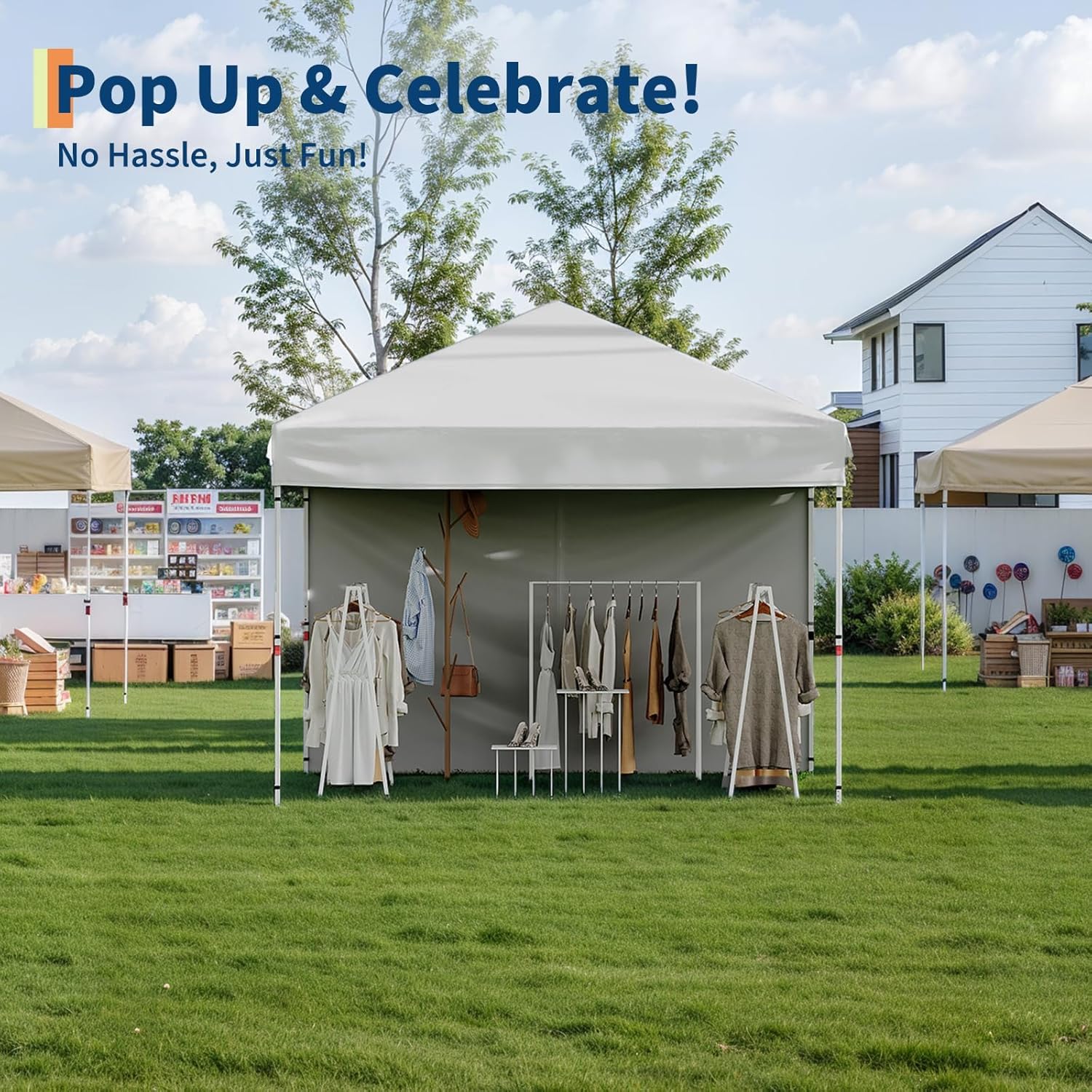 10'x10' White Pop Up Canopy Tent with 3 Sidewalls, Waterproof and UV Resistant Outdoor Gazebo, Easy Up Sun Shade Shelter for Parties, Events, Backyard, Camping