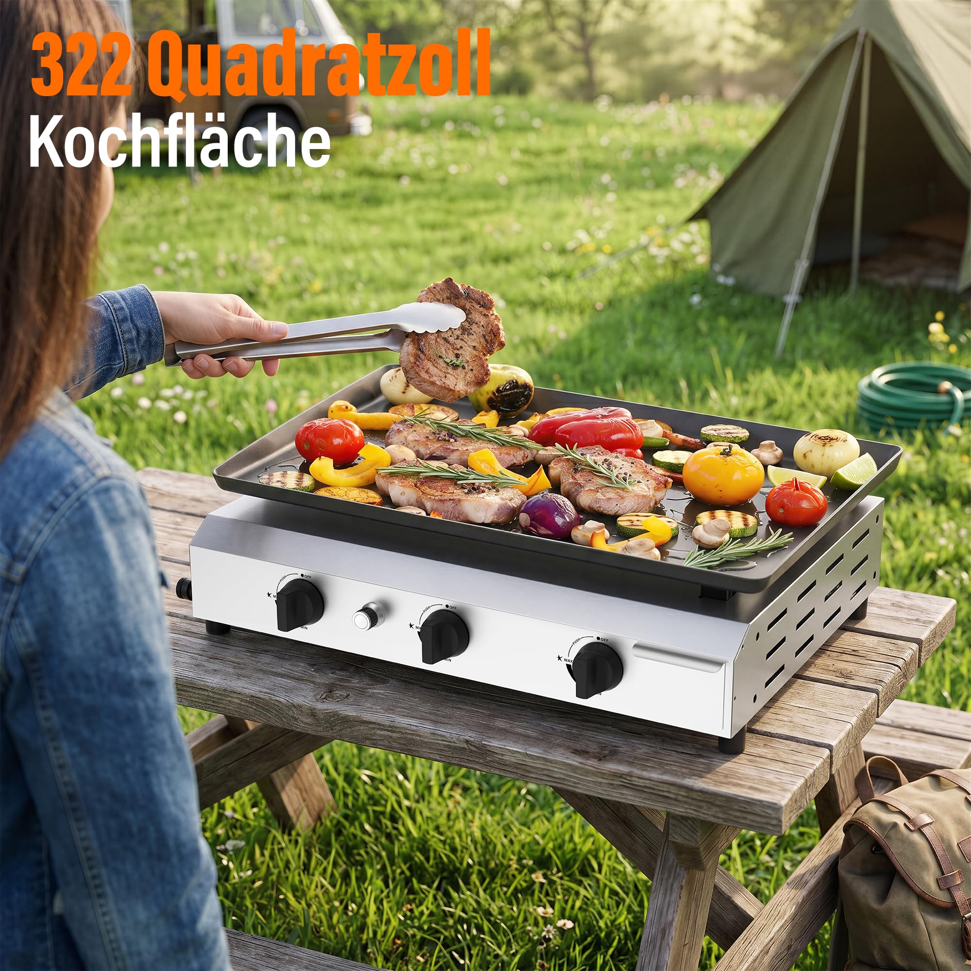 Veralune Gas Plancha, 3-Brenner Gasgrill 6,3 kW, 64*39cm großer Kochbereich | Grillplatte, Kompakt Tischgasgrill mit 50 mbar Druckregler, Keramikbeschichtung, für Butan/Propan, Garten, Picknick & Strand