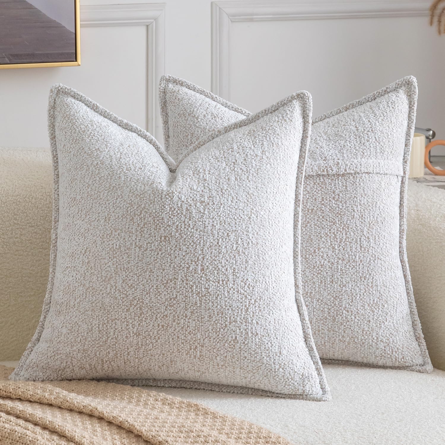 Madizz Pack of 2 Decorative Cushion Covers Boho Soft Textured Chenille Throw Pillows Solid Euro Sham Pillow Covers for Couch Sofa Bedroom Living Room 60x60 CM, Cream White