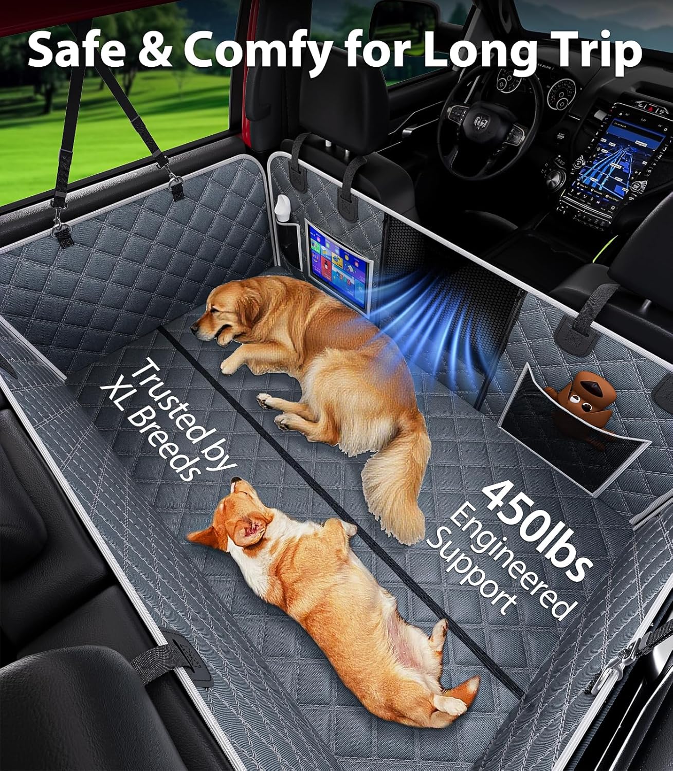 PetGenie Dog Car Seat Cover for Back Seat 10-Layer Military-Grade Protection, Hard Bottom Dog Hammock, Pet Bed Extender for Dogs, Waterproof Seat Protector Universal L Size Fits for SUV Medium Truck