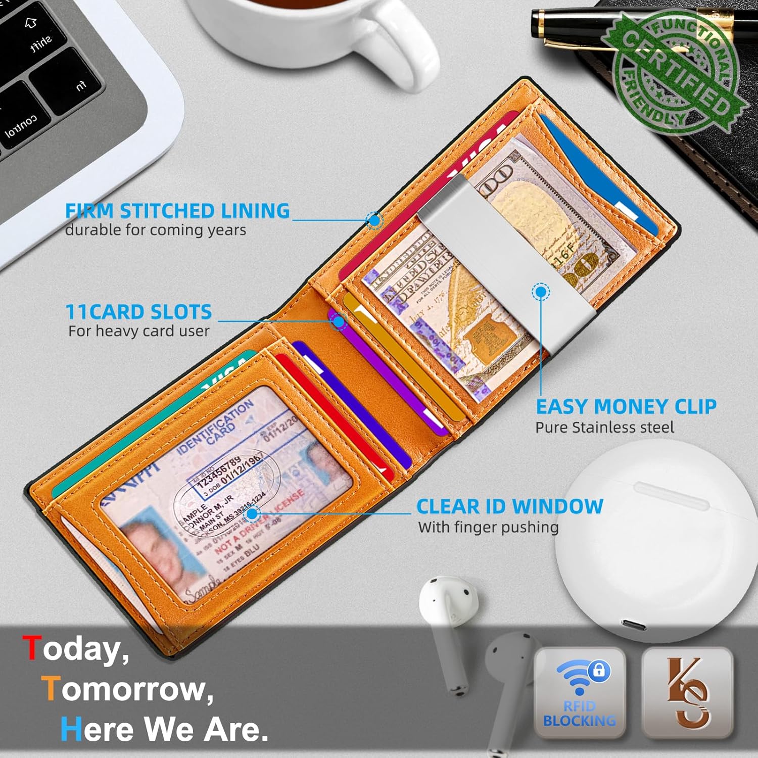 KS Mens Wallet Gift Airtag or Standard Use,Slim Front Pocket Leather Wallet Money Clip 11 cards RFID Blocking