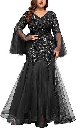 MISSMAY Womens Plus Size Formal Dresses Evening Gowns Wedding Sequin Lace | V Neck,Tulle Mermaid Hem,Sheer Long Sleeves,Guest Mother of The Bride,Prom Long Dresses,for Curvy Women