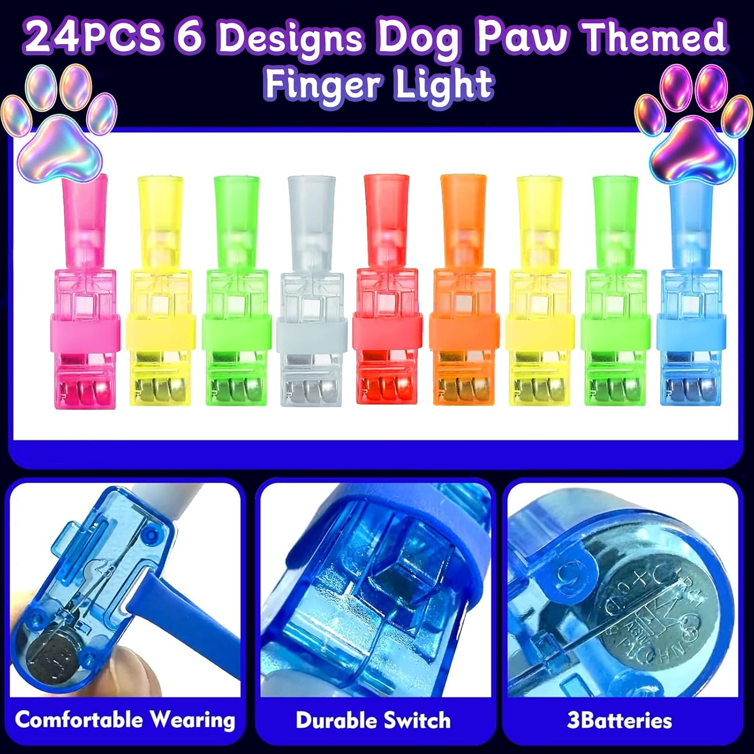24PCS Dog Paw Party Favors Finger Lights, 6 Designs for Treat Bags Set