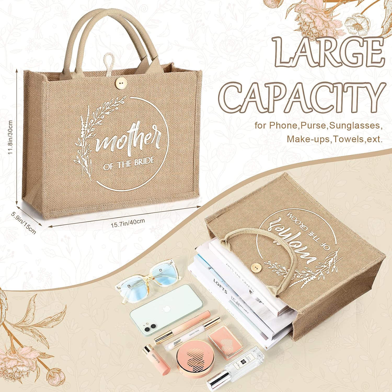 Coume 2 Pcs Mother of Bride Groom Bags Wedding Bridal Shower Gifts Burlap Jute Tote Bags with Handle Bridesmaid Gift for Mom(15.8 x 11.8 x 5.9'') - Image 4