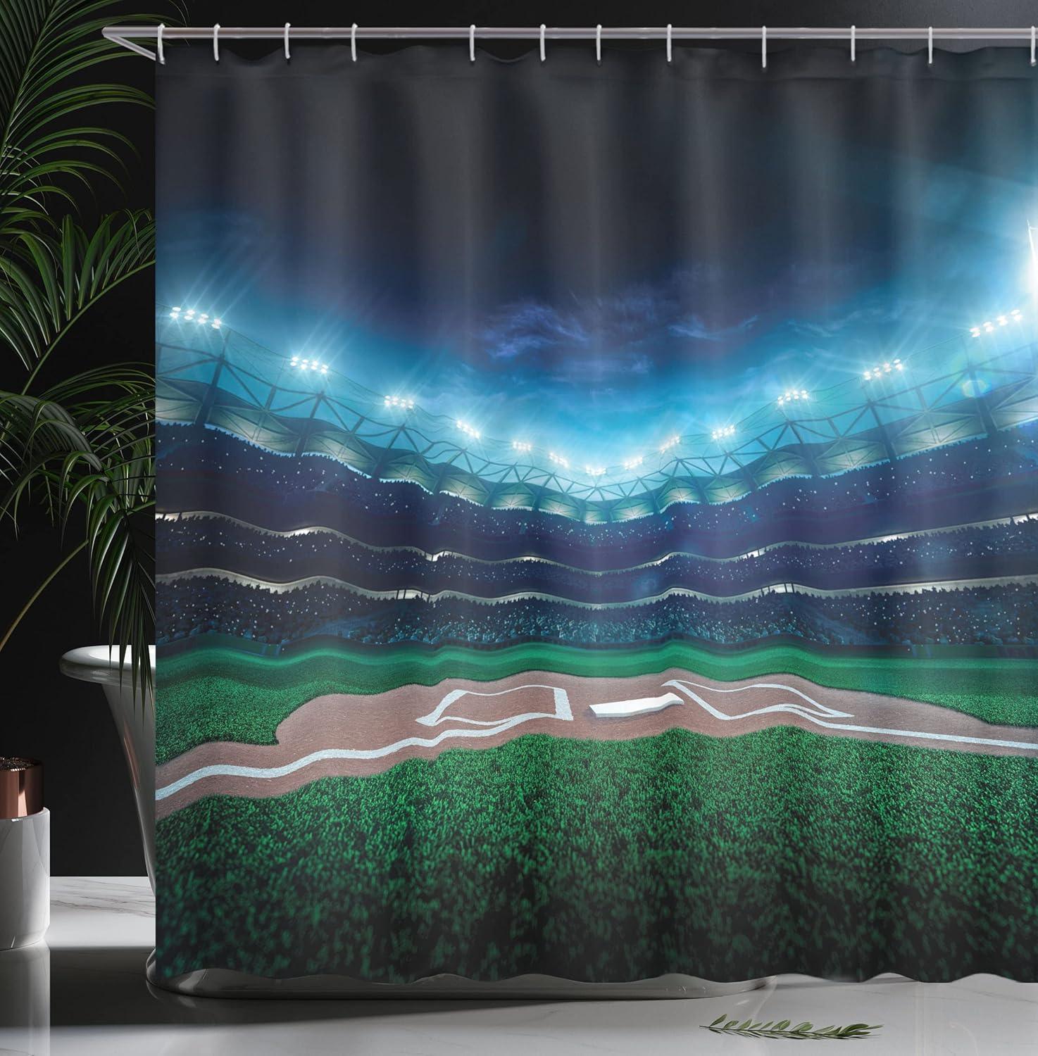 Ambesonne Baseball Shower Curtain, Professional Baseball Field at Night Vibrant Playground Stadium League Theme Print, Cloth Fabric Bathroom Decor Set with Hooks, 69" W x 84" L, Blue Green