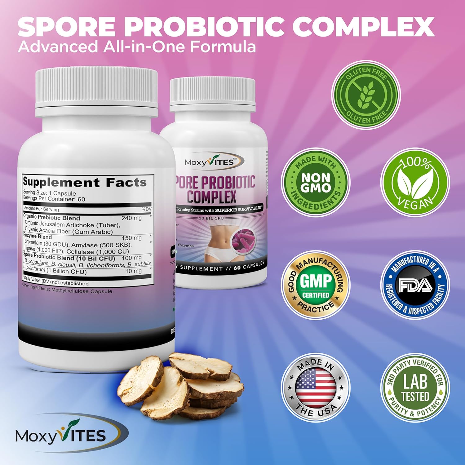 MoxyVites Spore Probiotic Complex - All In One Prebiotics and Probiotics for Digestive Health, Postbiotic, Digestive Enzymes Daily Supplement - Spore Based Probiotic for Women & Men - Image 5