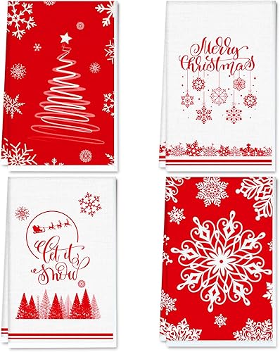 Toallas de cocina de Navidad, toallas de mano rojas de invierno, paños absorbentes de Navidad, decoración de cocina, copo de nieve, paños de té,