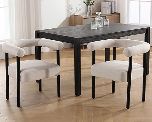 Miniatura 3 de VESCASA Sillas de comedor tapizadas con patas de madera negra, sillas de comedor modernas de lino de mediados de siglo con respaldo abierto