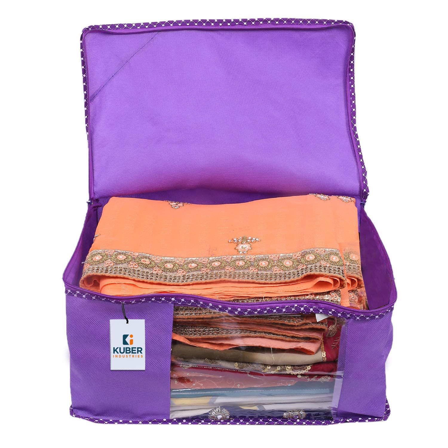 Kuber Industries Faltbare feste Sari-Abdeckungen mit Reißverschluss, Kleiderschrank-Organizer für Kleidung, transparentes Fenster, für 8 bis 10 Sari, geeignet für Lehenga, Anzug, Kleid, 9 Stück (lila)