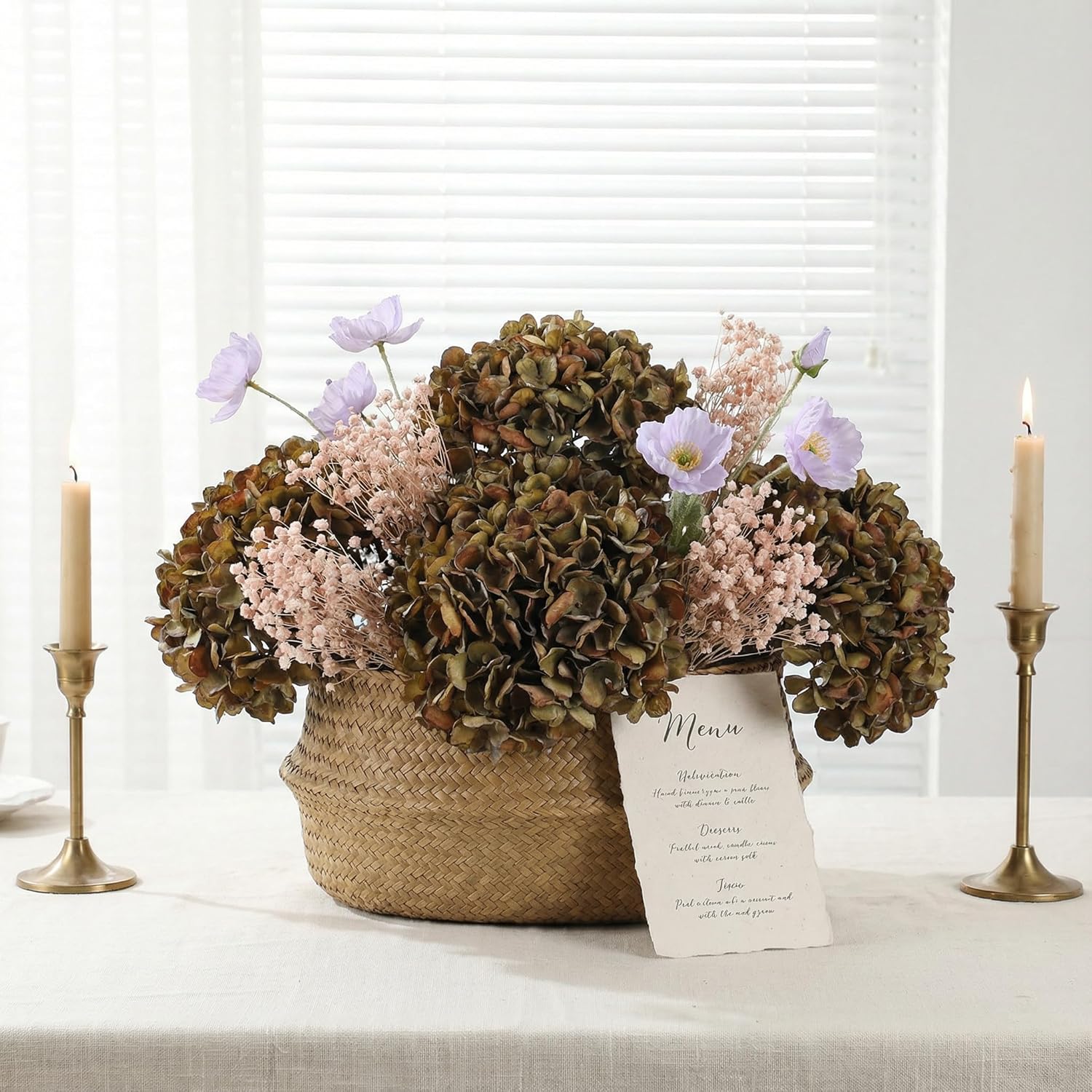 Fall Artificial Dried Hydrangea Flowers, Vintage Green Dried Look, Fall Faux Flowers, Single Stem (Autumn Green, 4pcs) - Image 4