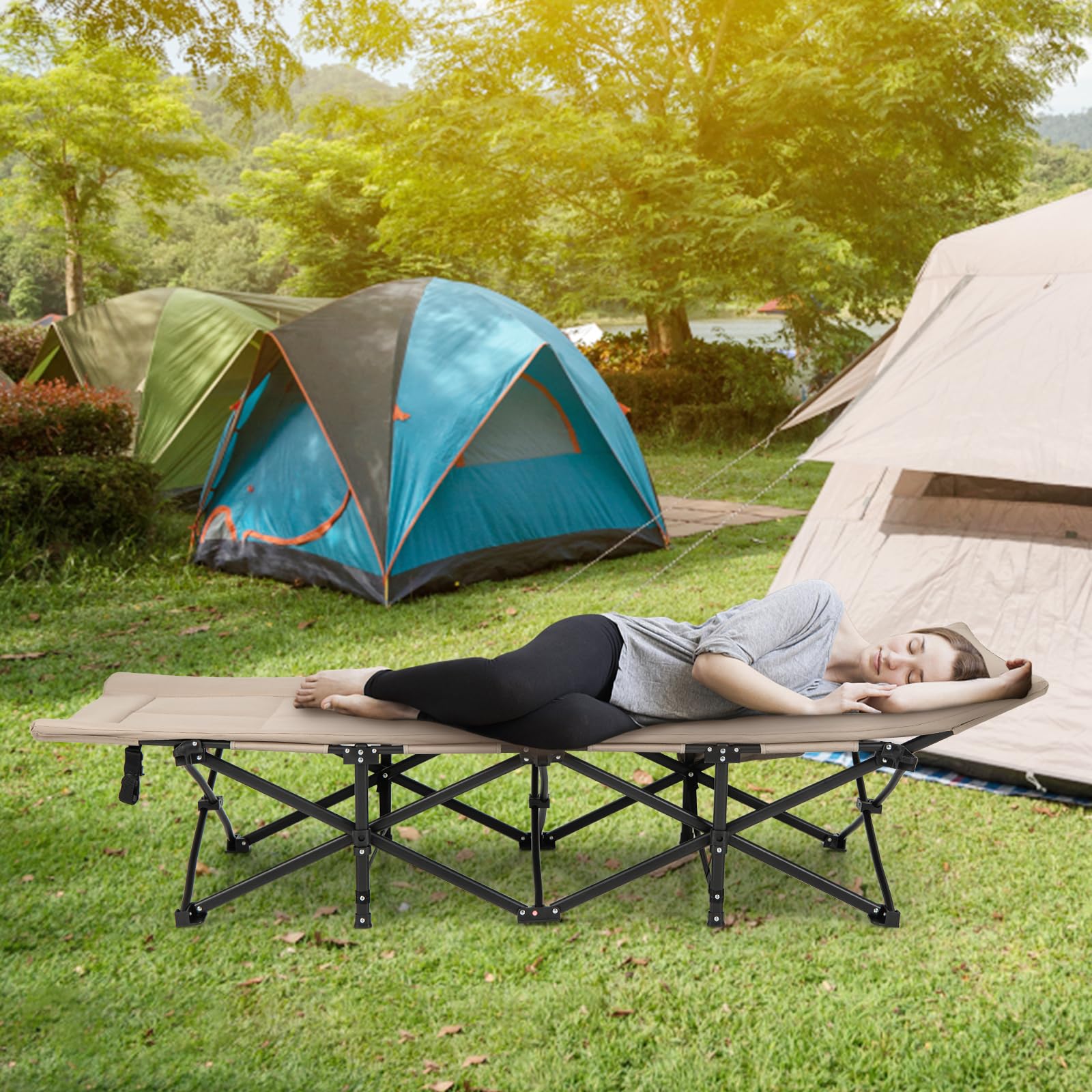 GOPLUS Cama de Camping Plegable, Cama Portátil con Soporte de Metal Sólido, Colchón Cómodo, Bolsa de Transporte, Bolsillo Lateral y Pies Antideslizantes, 190 x 68,5 x 48,5 cm, Carga 200 kg (Caqui)