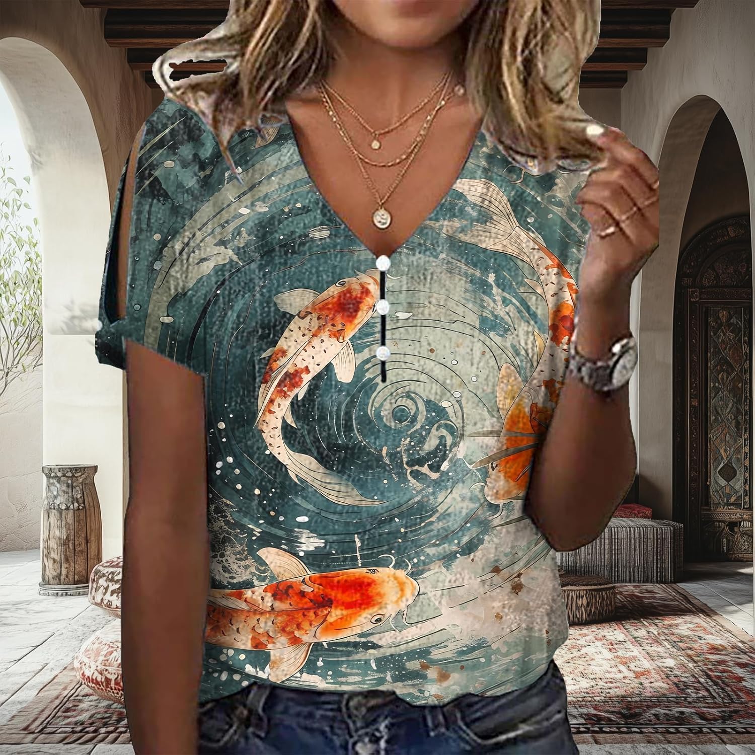 Japanese Art Tops for Women Wave Print Short Sleeve V Neck Cold Shoulder Casual 2025 Summer Trendy Ladies Tee Shirt - Image 2