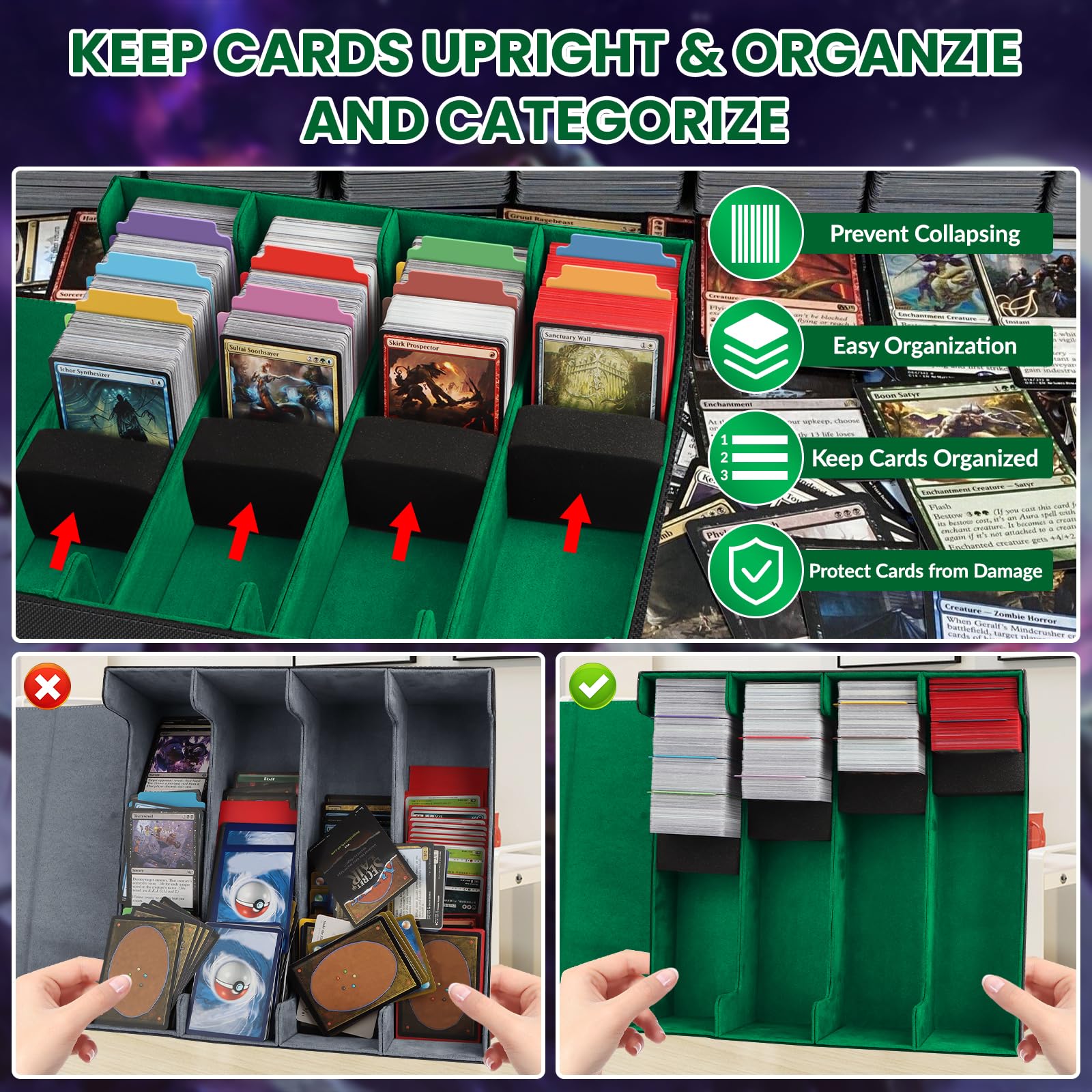 Caja de Tarjetas para Más de 3200 Tarjetas, Cajas de Almacenamiento de Tarjetas Coleccionables con 24 Divisores de Colores y 4 Espuma, Cajas de Cubierta Magnéticas Premium, para TCG Magic(Negro Verde)