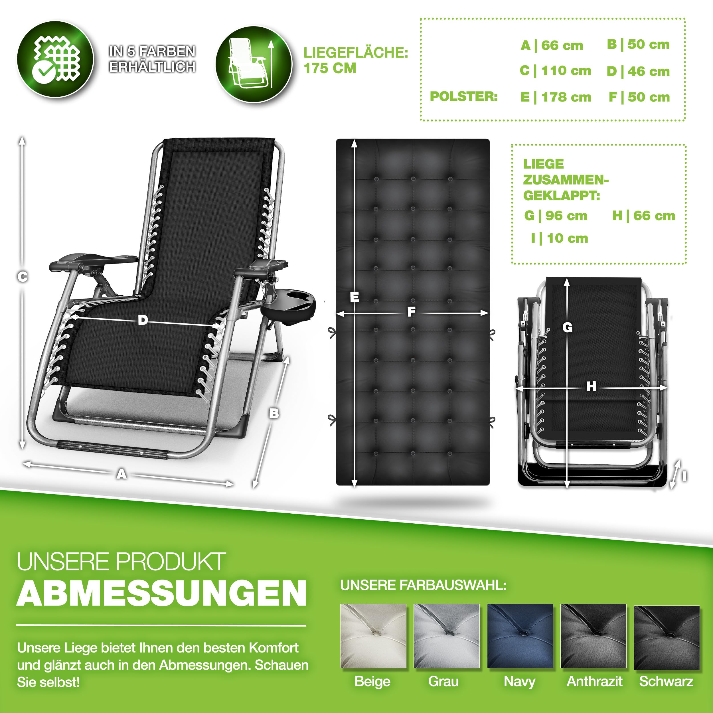 tillvex® Liegestuhl klappbar bis 200kg | Sonnenliege Gartenliege wetterfest Balkon, Garten & Terrasse | Outdoor Liege verstellbar mit dickem Polster | Relaxliege Nackenkissen (Anthrazit)
