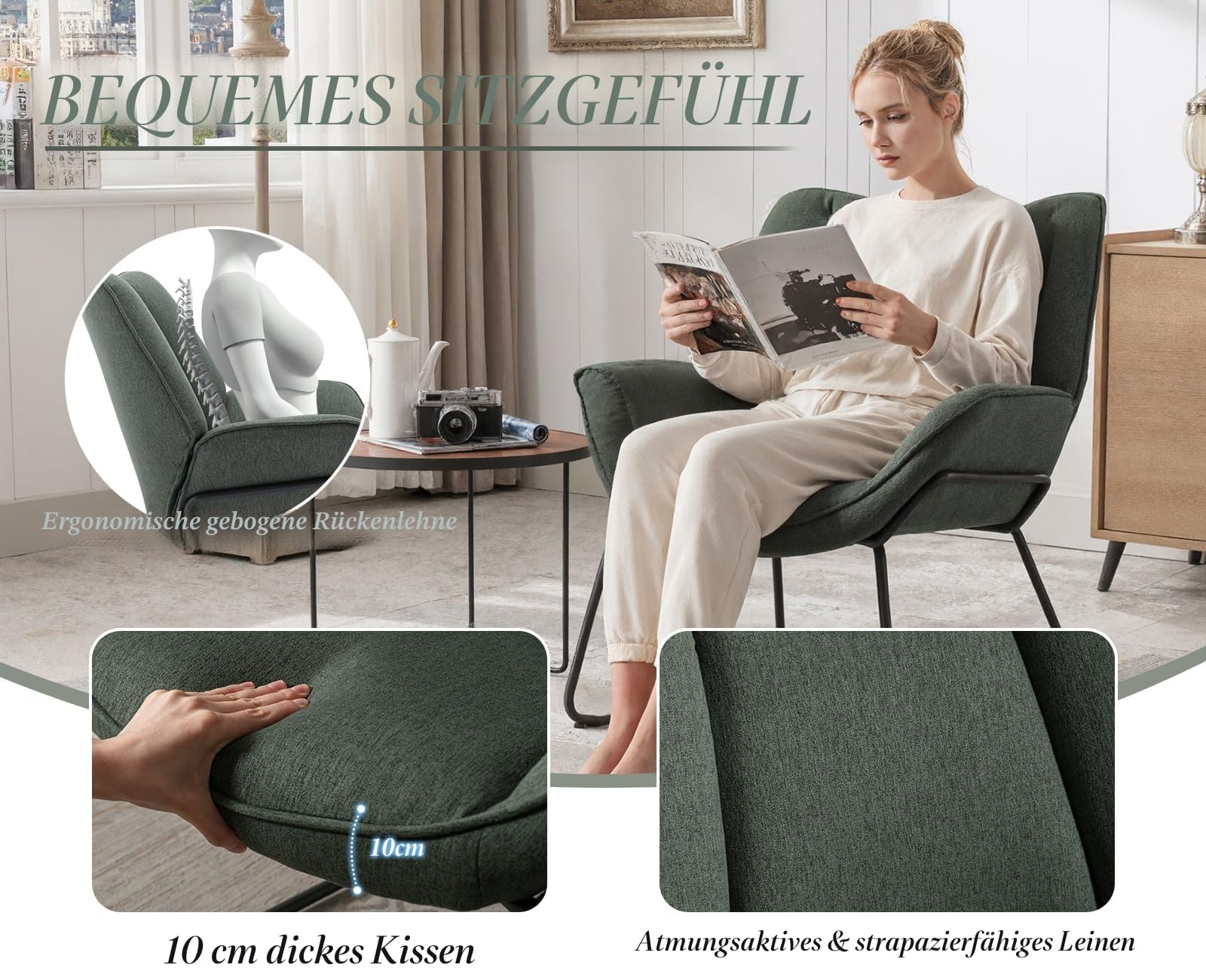 chairus Leinen Loungesessel für Wohnzimmer Balkon Modern Gepolstert Polsterstuhl Relaxsessel mit Metallbeinen (Grün)