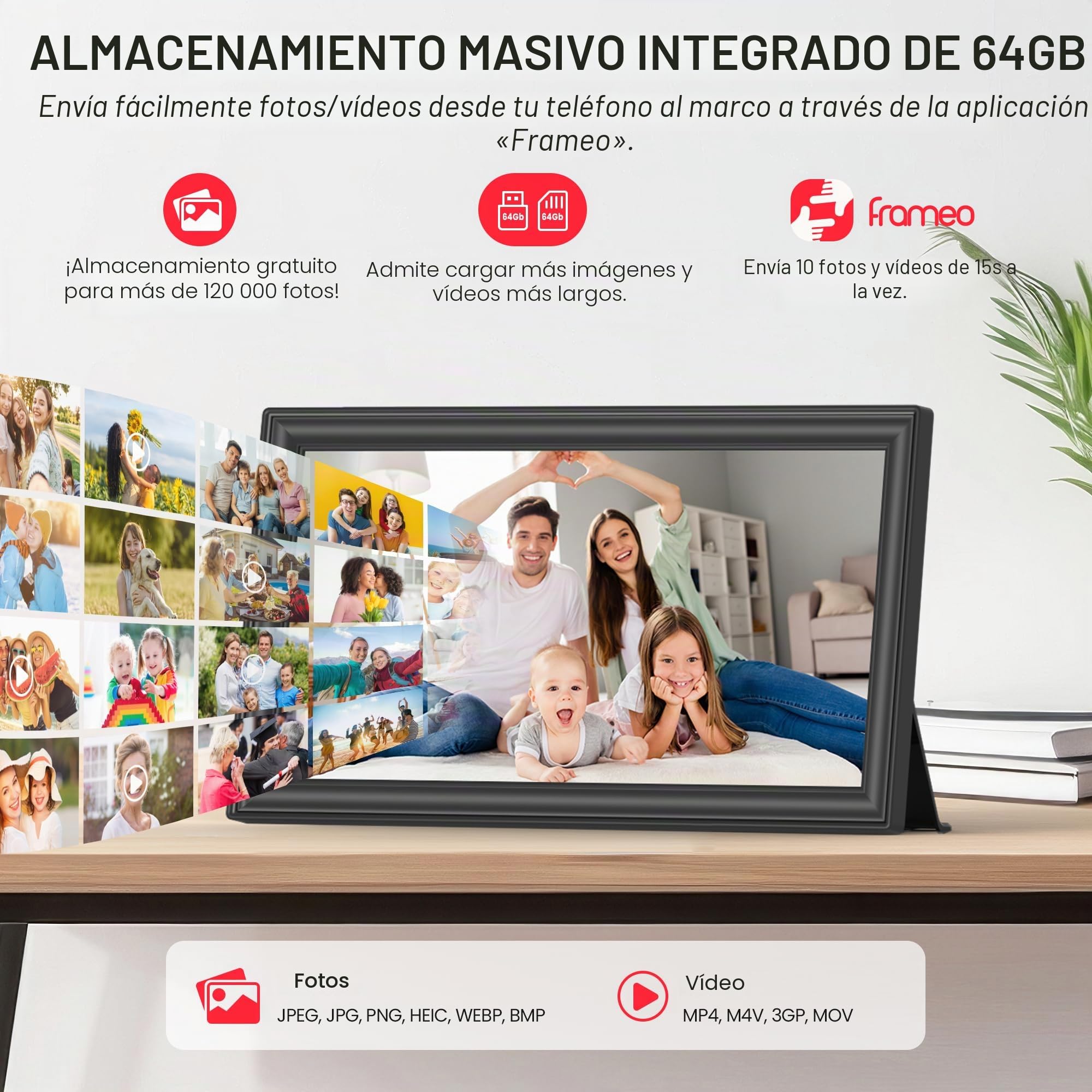 Frameo - Marco de fotos digital WiFi de 15.6 pulgadas, almacenamiento de 64 GB, pantalla táctil IPS FHD de 1920 x 1080, intercambio instantáneo de fotos/videos a través de la aplicación Frameo