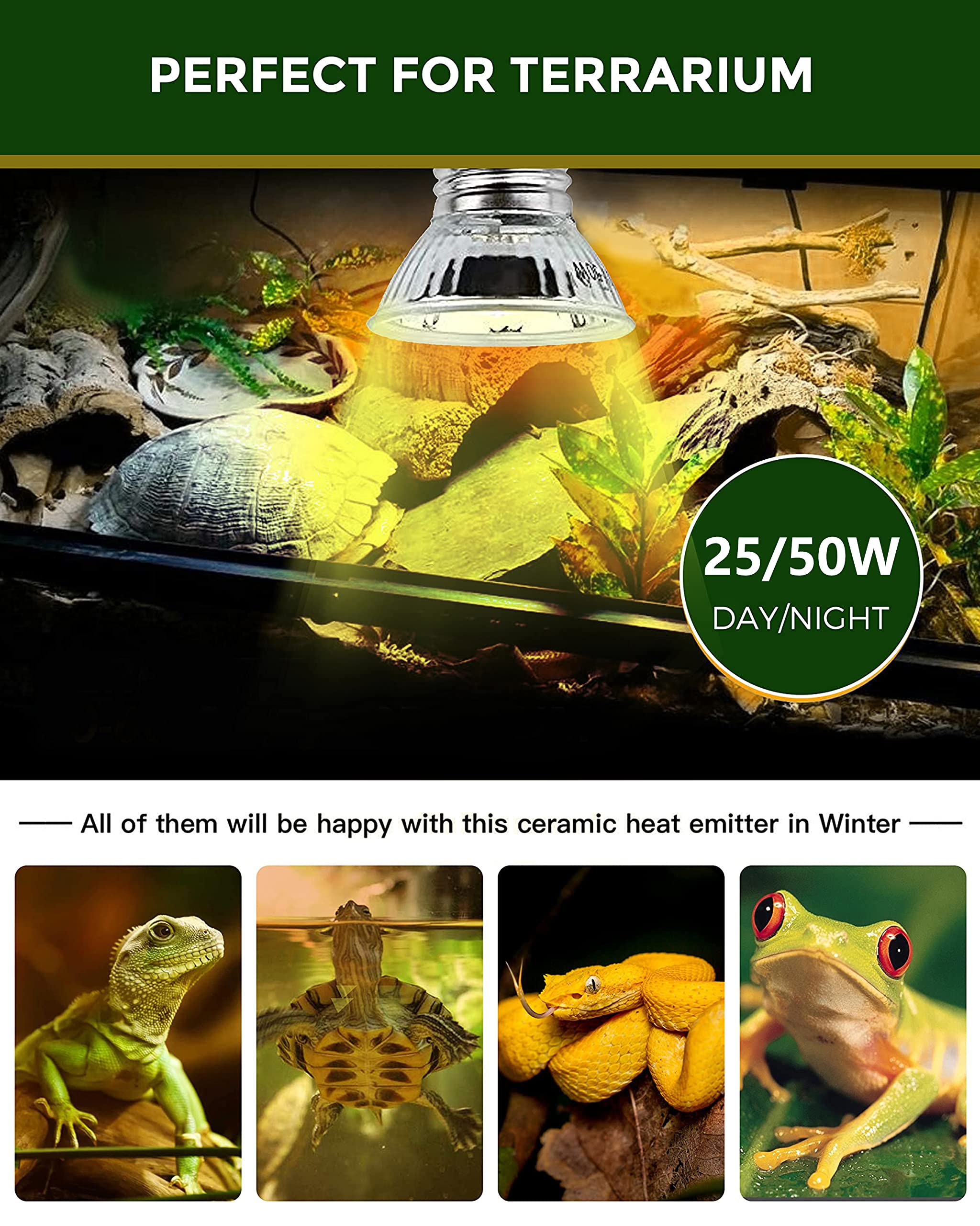 Jaenmsa Reptile Heat Lamp, Dual-UVA UVB Heat Lamp for Turtle, 360° Dimmable Turtle Heat Lamp, Bearded Dragon Reptiles Turtle Lizard Snake (Heat Bulb 2 * 25W/50W)