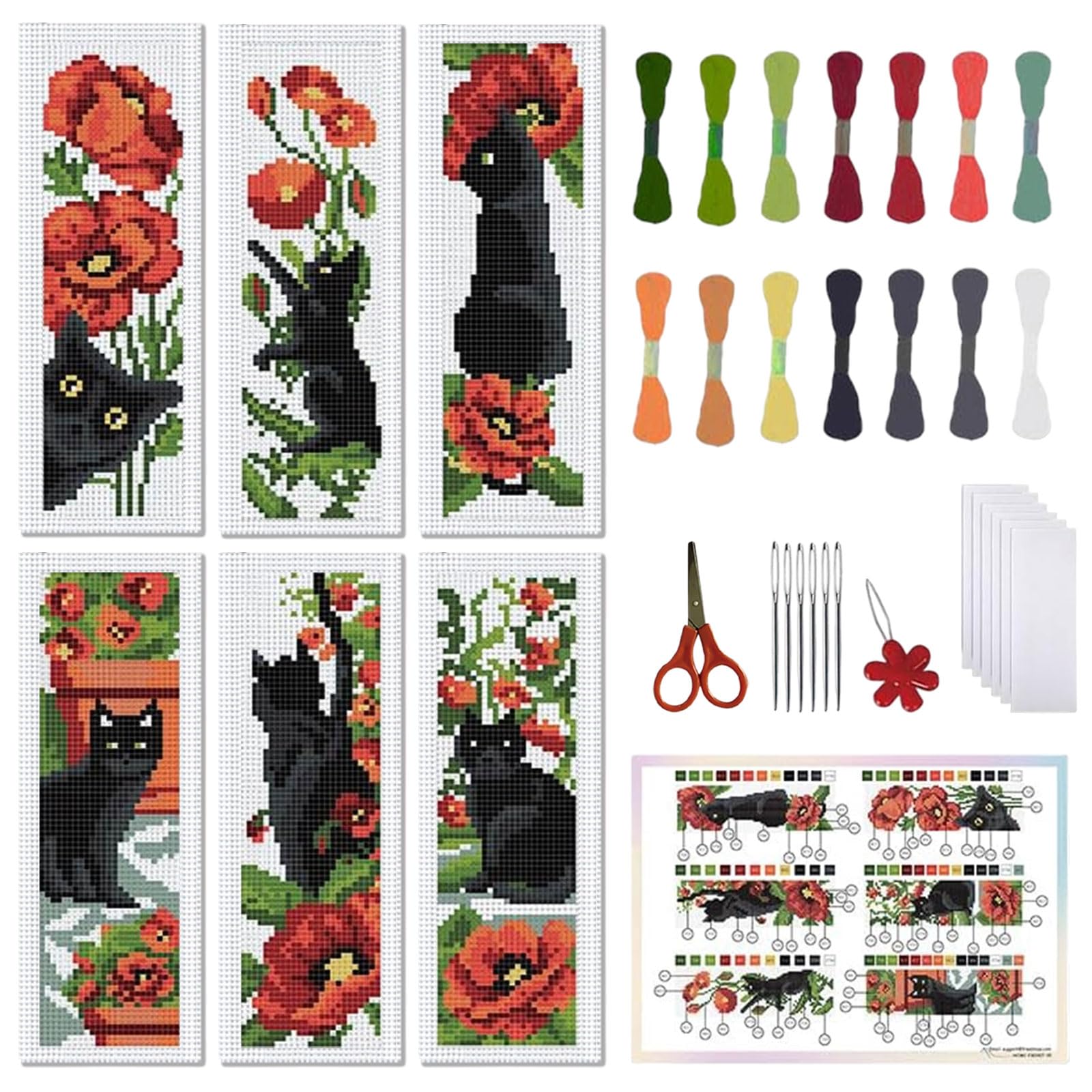FREEBLOSS 6Pcs Cross Stitch Bookmark Kits Cat Stamped Embroidery Bookmarks Beginner Embroidery Kit with Instructions Counted Cross Stitch Kit for Hand Embroidery Adults