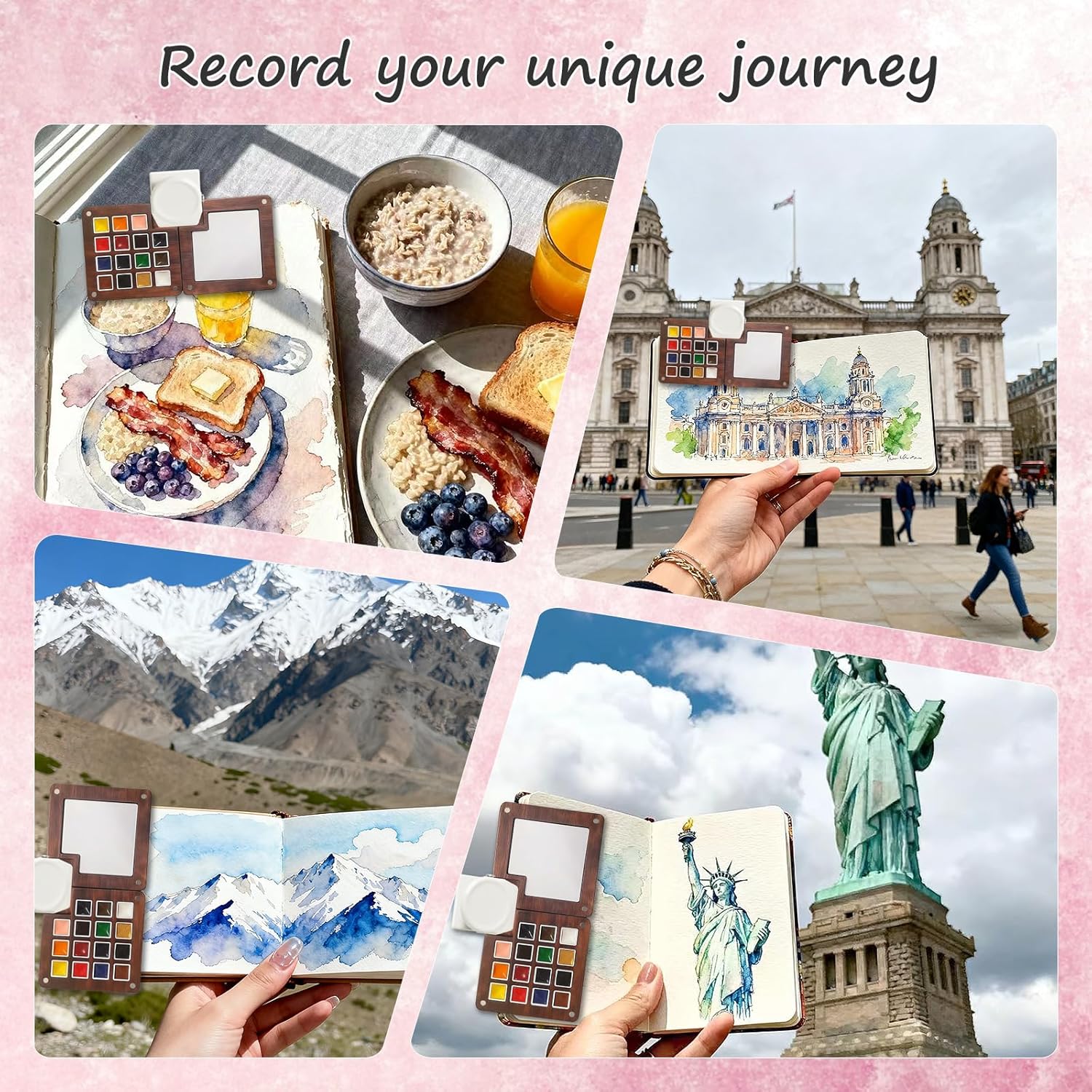 Mini Portable Watercolor Palette,Travel Paint set,15 Grids Portable Wooden Paint Palett with Bag,Paint, Brush, Cleaner Cup,2 Sketchbooks & Magnetic Clip,Watercolor for Painters,Artists - Image 6