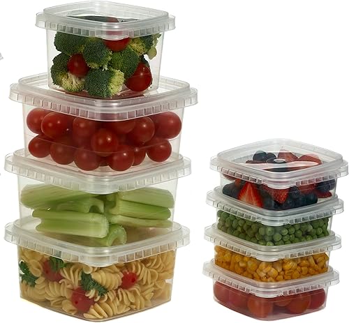 Decony Recipientes de plástico con tapas de 8 onzas, paquete de 25 recipientes cuadrados de plástico transparente, a prueba de manipulaciones, sin