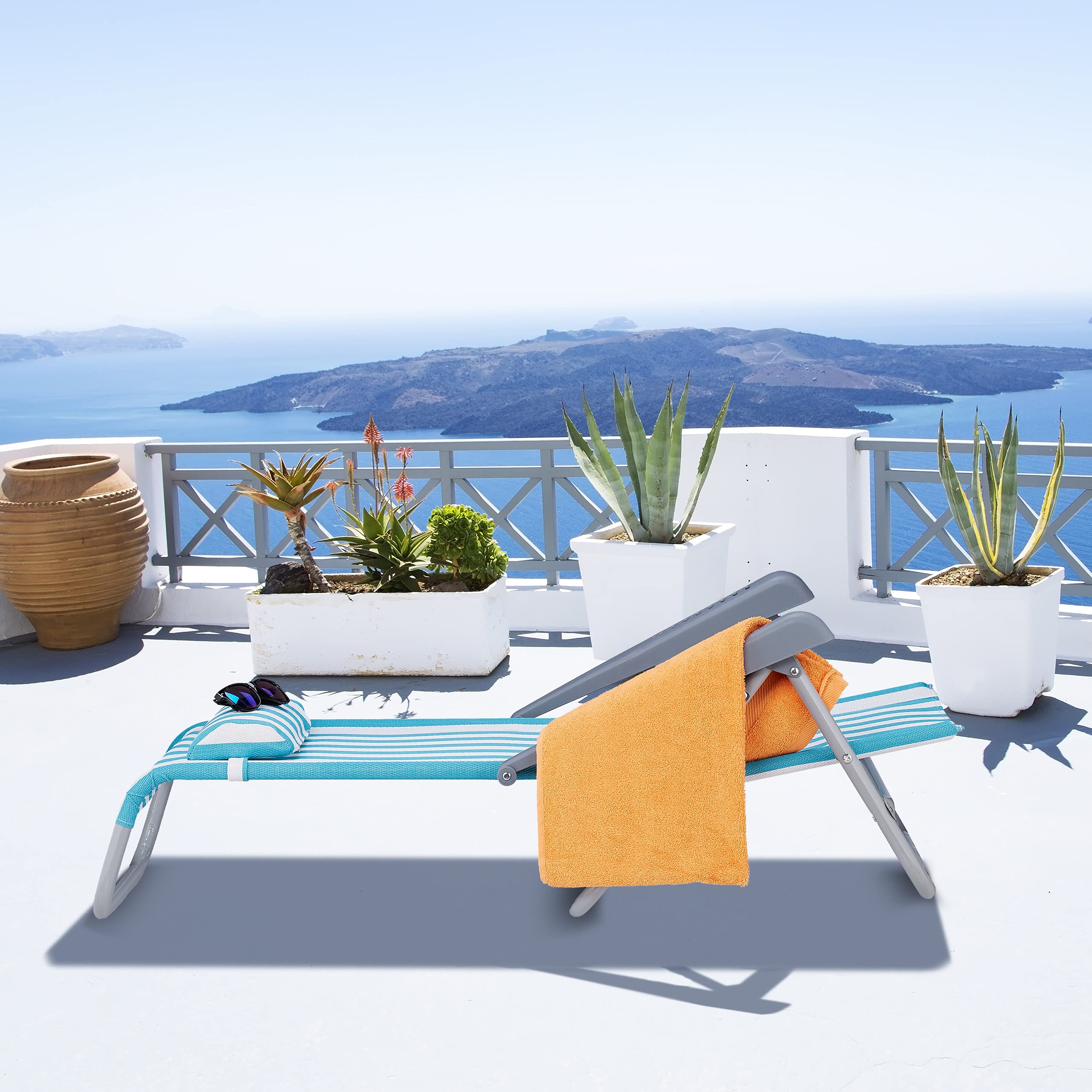 Relaxdays Sedia Sdraio Pieghevole, Regolabile su 8 Livelli, Poggia-Testa Braccioli e Apribottiglie Laterale, Blu Bianco