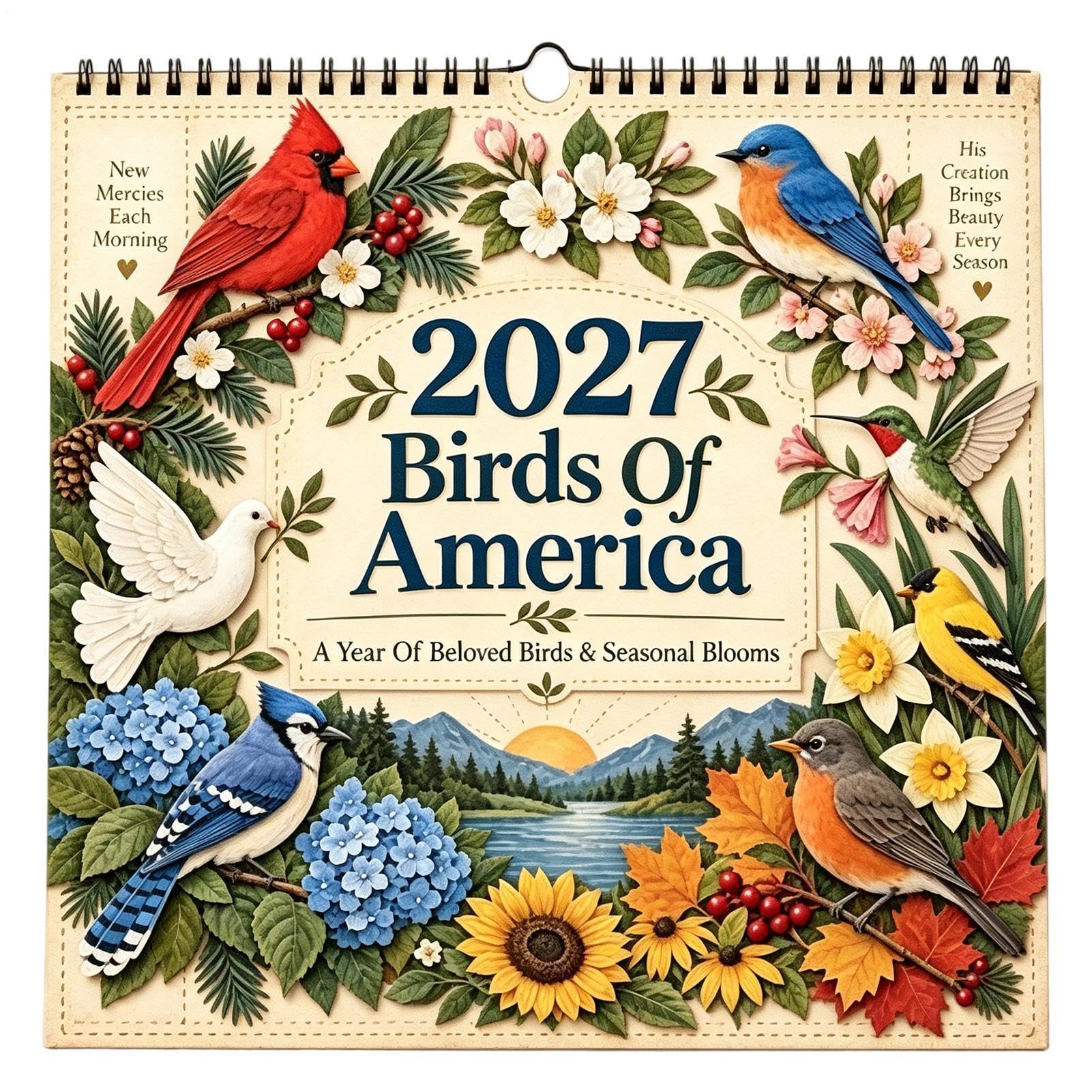 Blumenkalender Vogel Blumendrucke Spiralbindung Planungsbuch | Wandkalender 2027 mit großem Gitter-Design, für Terminnotizen, Schule, Büro, Zuhause, Wohnheim, Klassenzimmer, Schlafzimmer