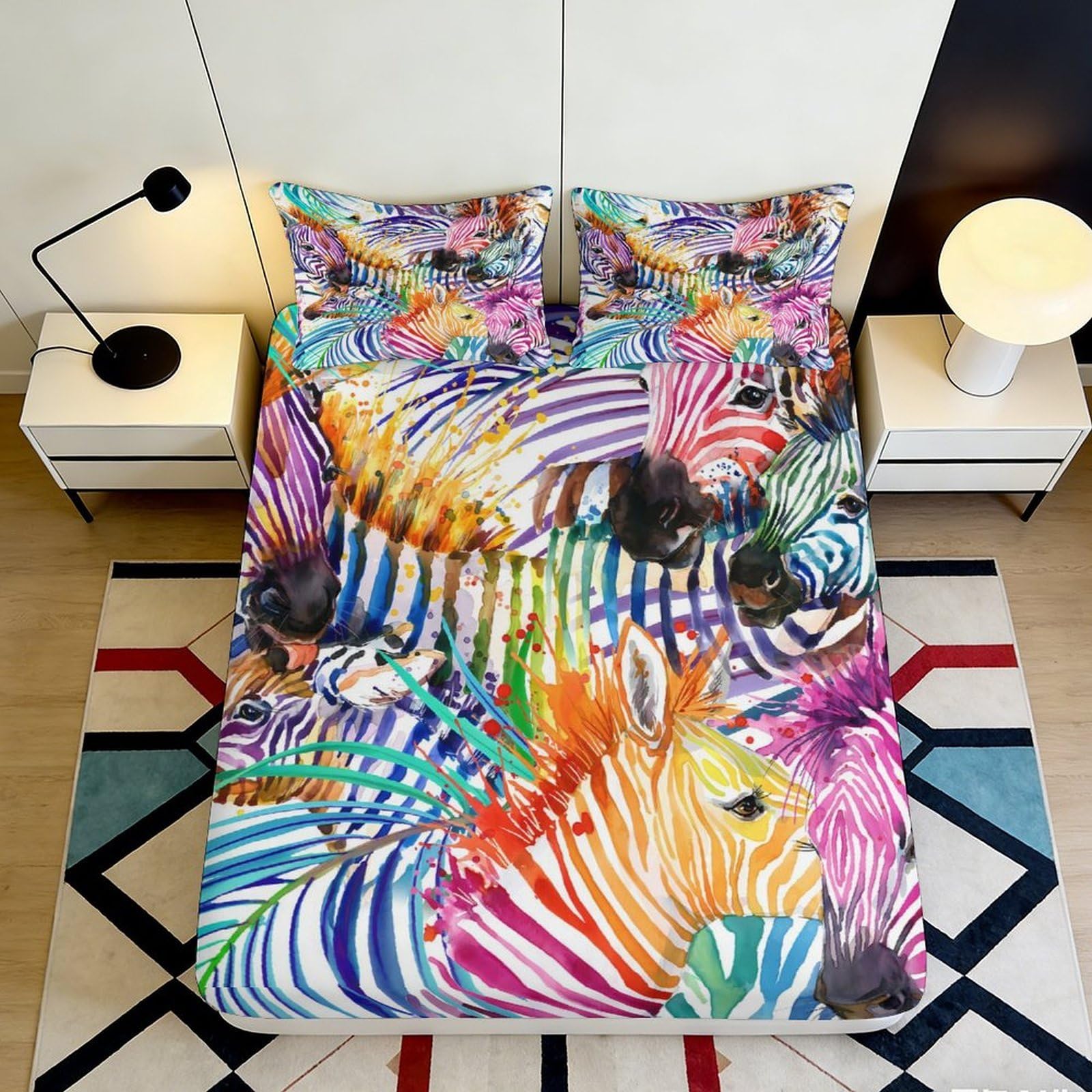 3D Printed Colorful Zebra Fitted Sheet Microfiber Vibrant Animal Stripe Mattress Cover for Bedroom Dorm Mattress Protection Decor 90x200x25cm