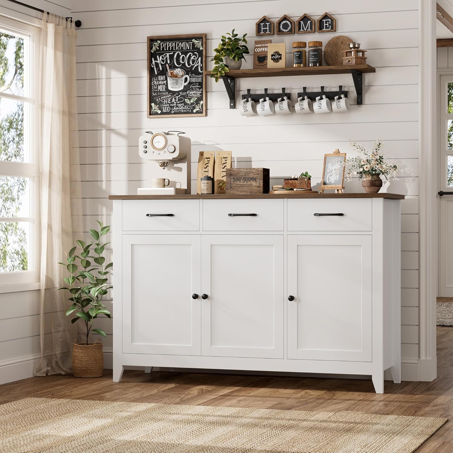 HORSTORS 47" Buffet Cabinet with Storage, Kitchen Buffet Table with Drawers, Modern Farmhouse Coffee Bar Storage Cabinet with Adjustable Shelf, Wood Sideboard for Dining Room, Kitchen, Entryway, White