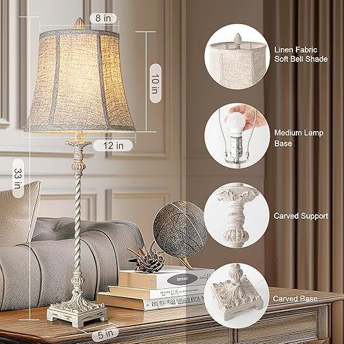 Miniatura 2 de LuxSight - Lámpara de mesa estilo vintage europeo, estilo vintage, 33 pulgadas de alto, tela de lino blanco marfil, pantalla suave, atenuación
