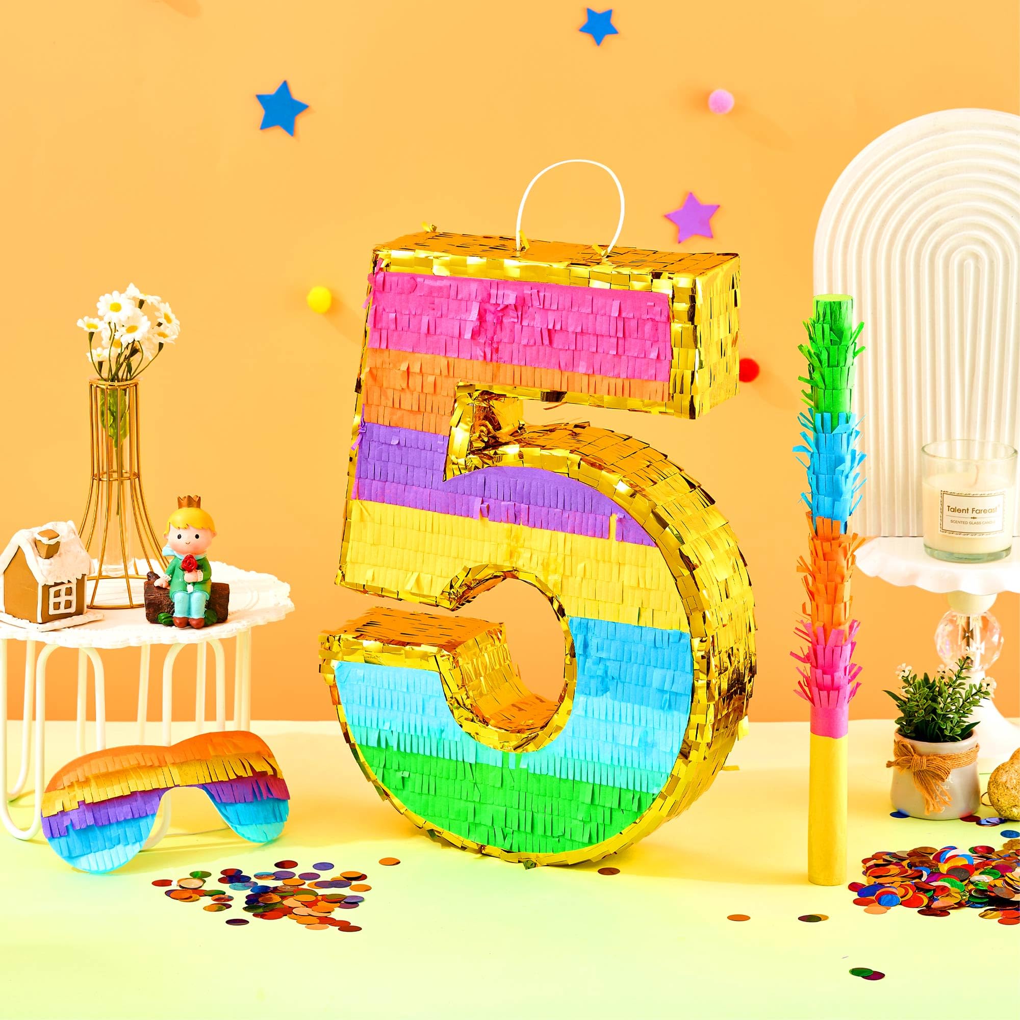 Rainbow Number 5 Pinata for 5th Birthday Party Decorations, Birthday Pinata with Stick Blindfold and Confetti, Kids Anniversary Celebration, Fiesta (Small, 16.5 x 11.5 x 3 In)