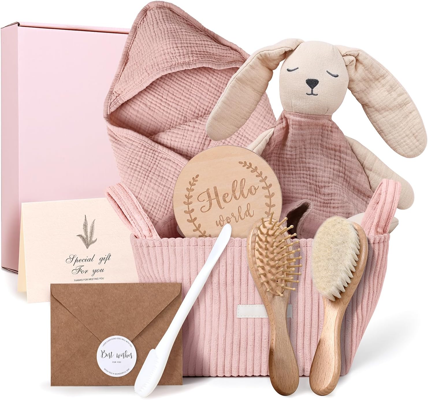 lulumoon Baby Shower Gifts for Girls: 11-Piece Newborn Essentials Set - Nursery Bathing to Bedtime Registry Basket - Practical Pregnancy & New Mom Gift for Sister
