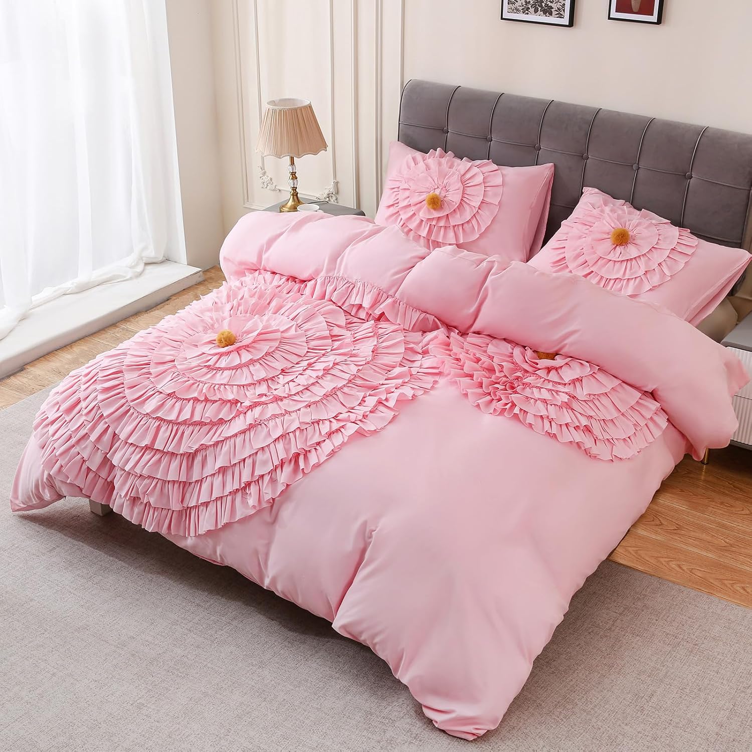 Boho Duvet Cover Queen Size - Boho Ruffle Princess Bedding, Pink Ruffle Queen Duvet Cover for Women Teen Girls, 3 Pieces Washed Microfiber Tufted Floral Home Bedding (Pink, 90" x 90")