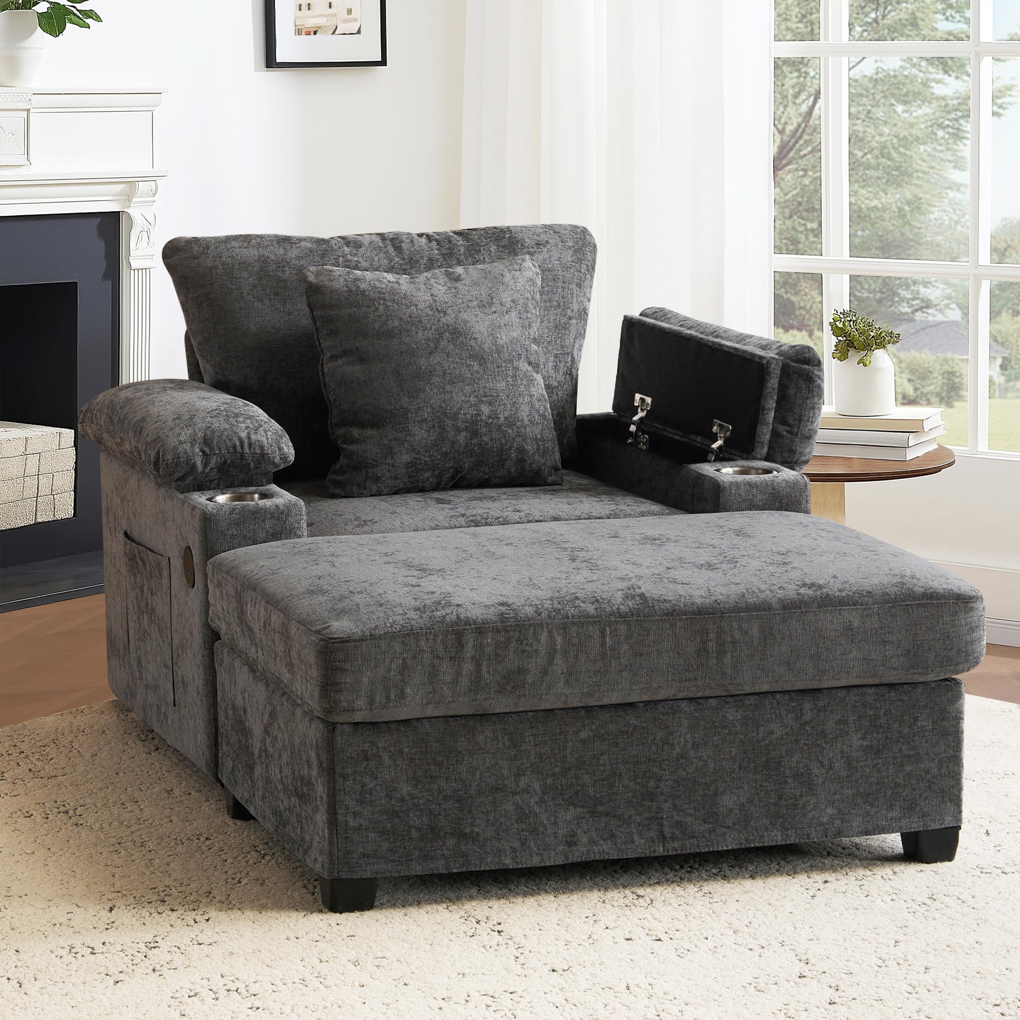 SUNWAVE 58" Chaise Lounge Chair with Ottoman, Chenille Fabric Sofa Bed, Accent Chair with Cupholders & USB Charging Ports for Living Room, Bedroom,