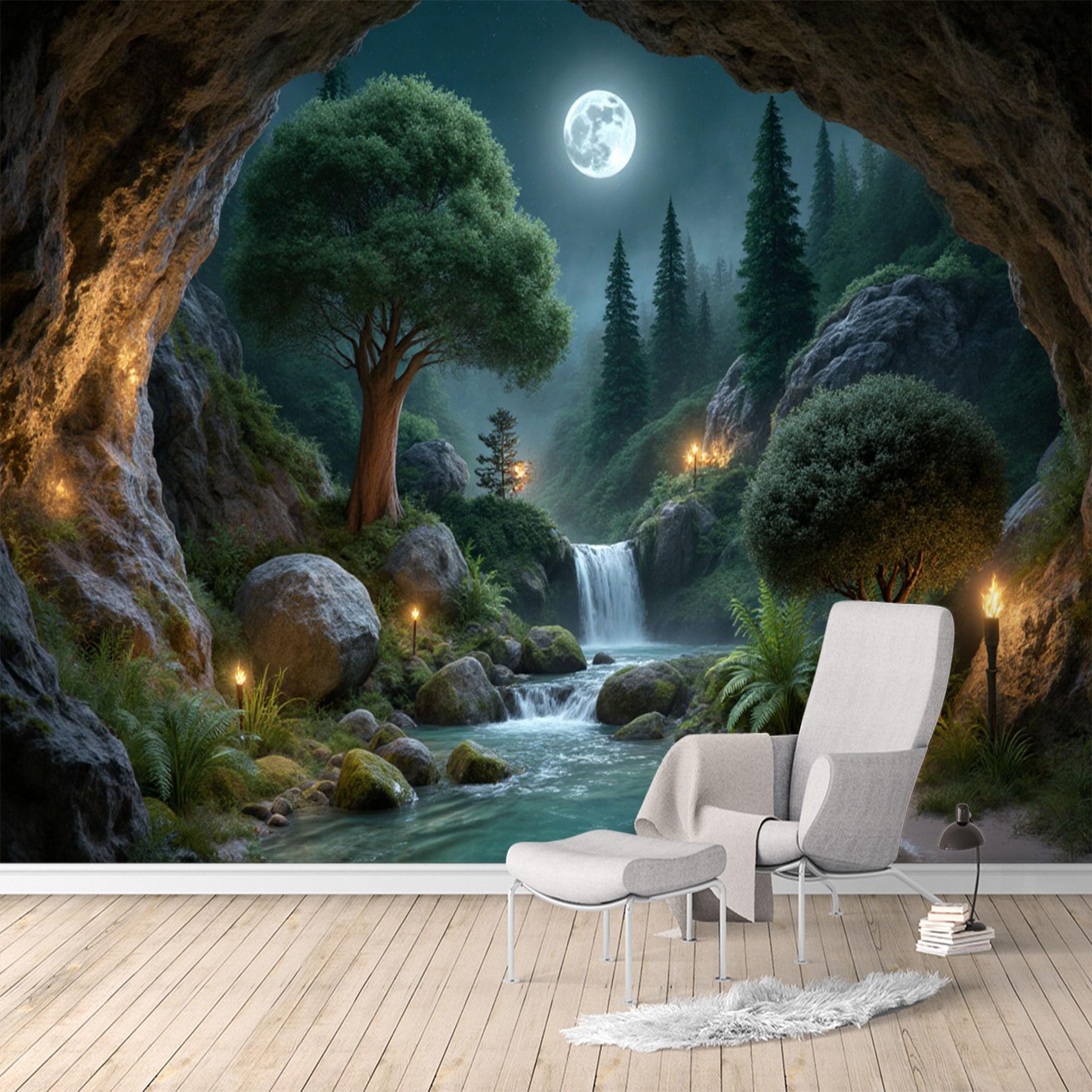 Custom Size Wall Murals, Enchanted Forest Waterfall Moonlit Glow, SelfAdhesive Water Activated Removable Wall Covering, Large Photo Wallpaper for Living Room Bedroom Office