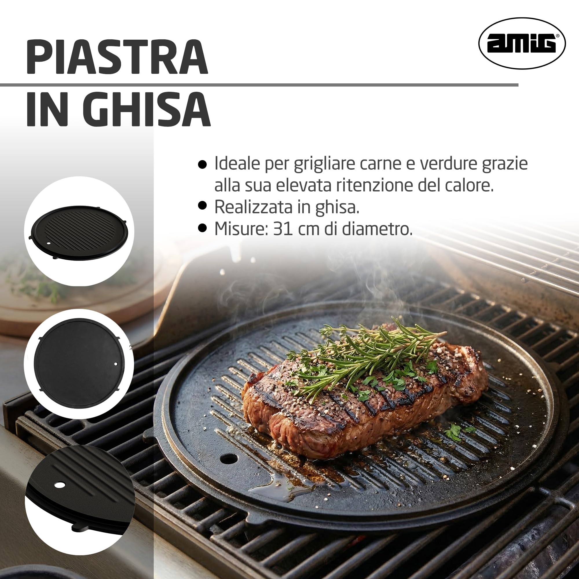 Amig - Piatto in Ghisa - Ø31 cm - Distribuzione Uniforme del Calore e Alta Resistenza - Per Barbecue a Carbone o Gas - Mod. AM37