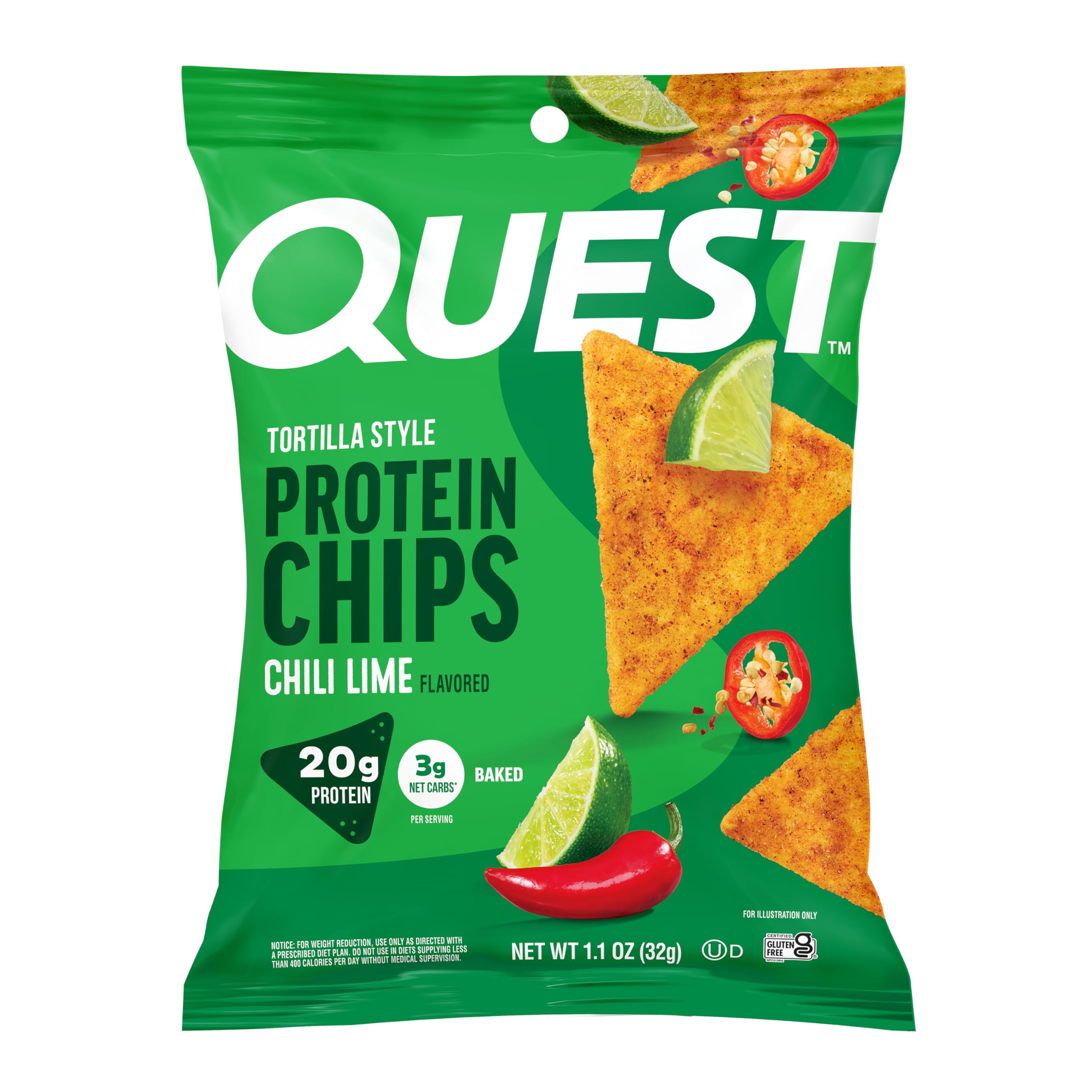 Quest Nutrition Chili Lime Tortilla Style Protein Chips, 20g Protein, 3g Net Carbs, Gluten Free, 1.1 oz (Pack of 12)