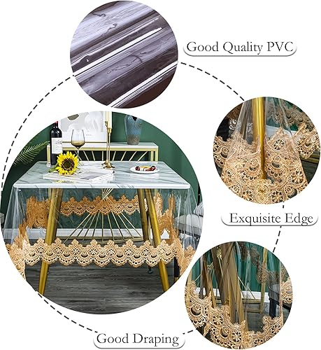 Miniatura 3 de Jeloris Mantel rectangular de plástico transparente de vinilo PVC impermeable con borde de encaje bordado cubierta de mesa transparente para cocina,