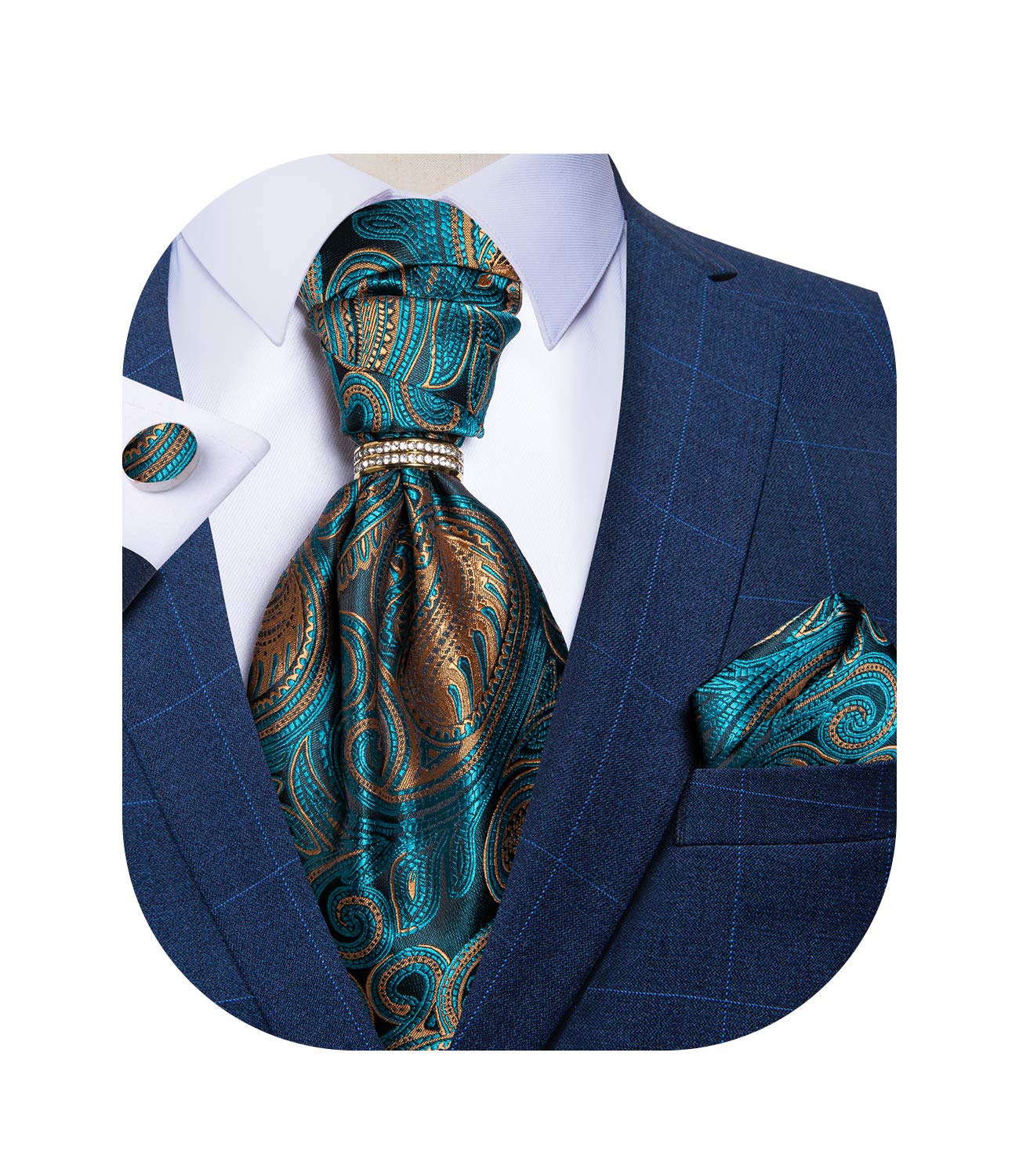 DiBanGuPaisley Cravat for Men, 4 PCS Woven Ascot Tie Pocket Square Cufflinks with Tie Ring Set