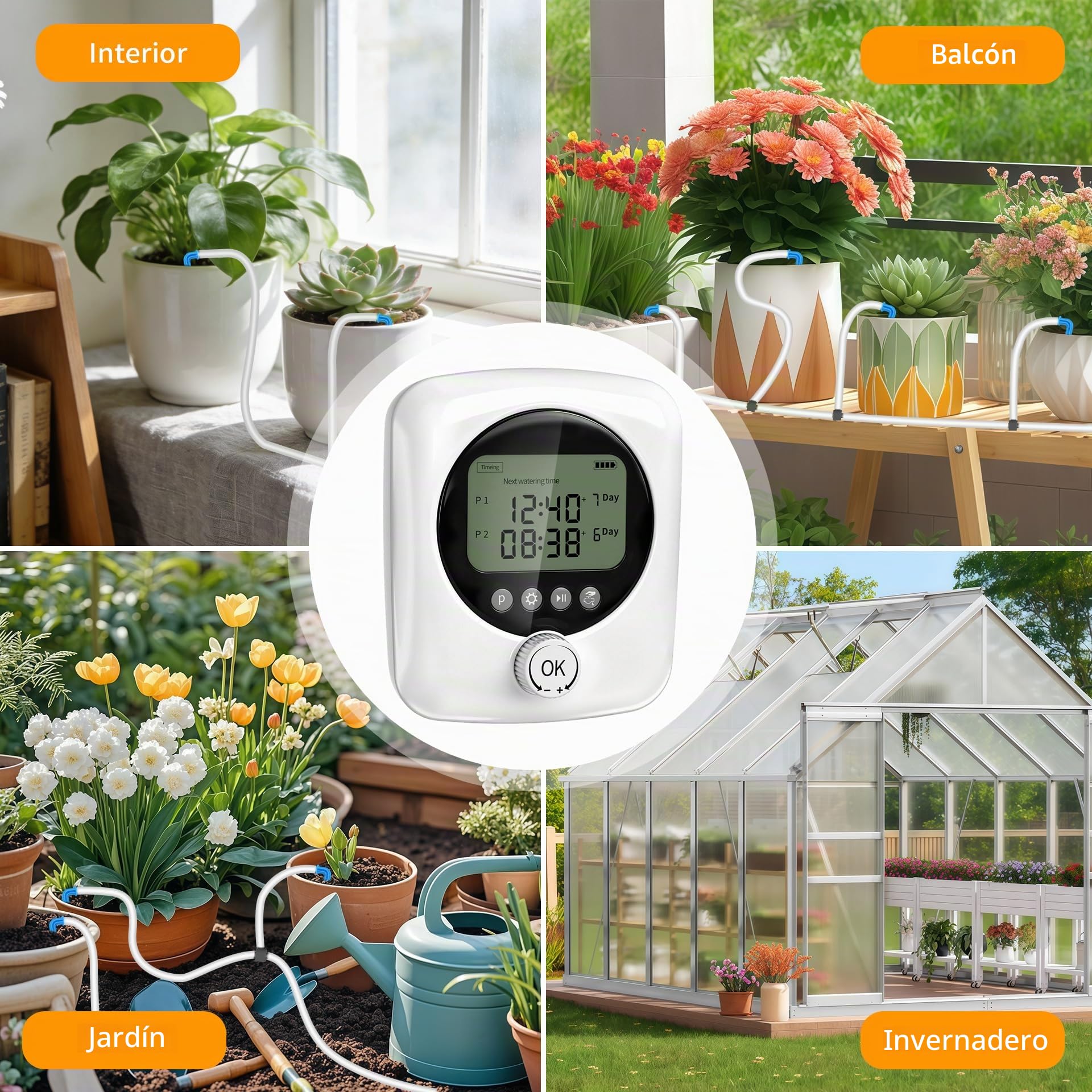 Riego por Goteo Automático Doble Bomba, Kit Riego por Goteo Recargable USB-C con Batería 4400mAh, Temporizador Ajustable Caudal 800ml/min, 20m Tubo+30 Goteros para Jardín Balcón