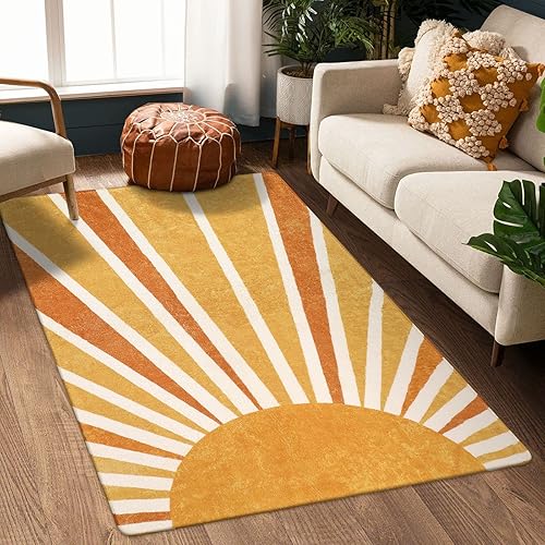 Lahome Alfombra lavable a máquina con estampado solar, 4 x 6 pies, tapete antideslizante grande para sala de estar, alfombra bohemia para habitación