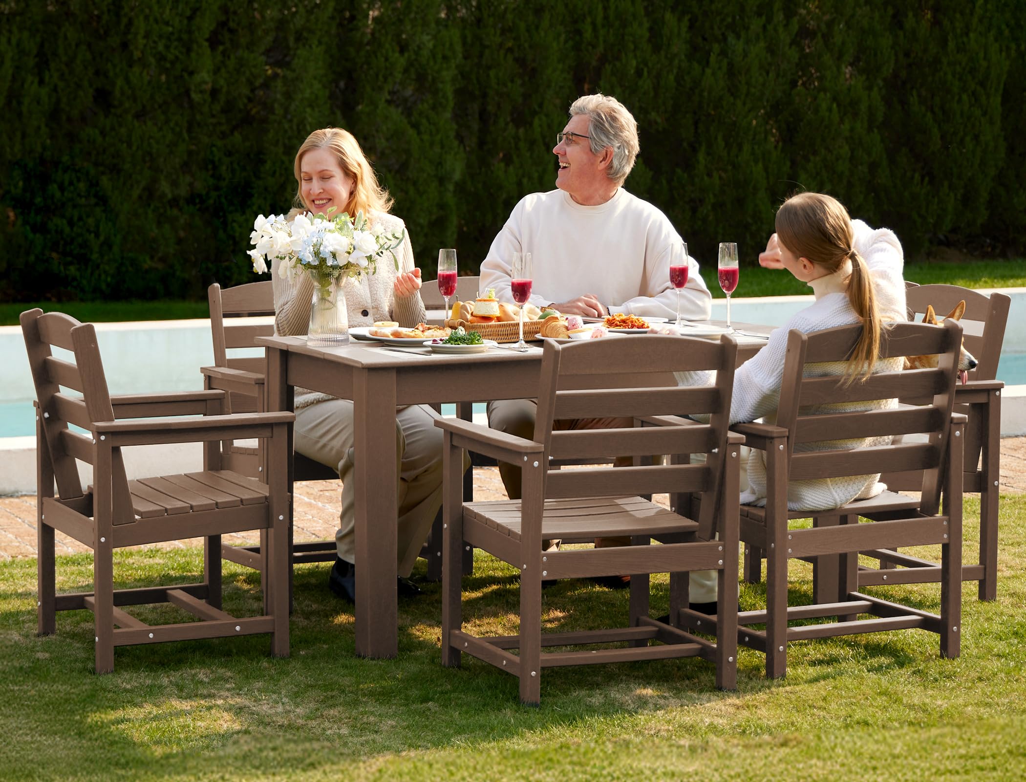 SERWALL 59" HDPE Patio Dining Set for 6, w/ 1 Table &amp; 6 Armchairs, Brown