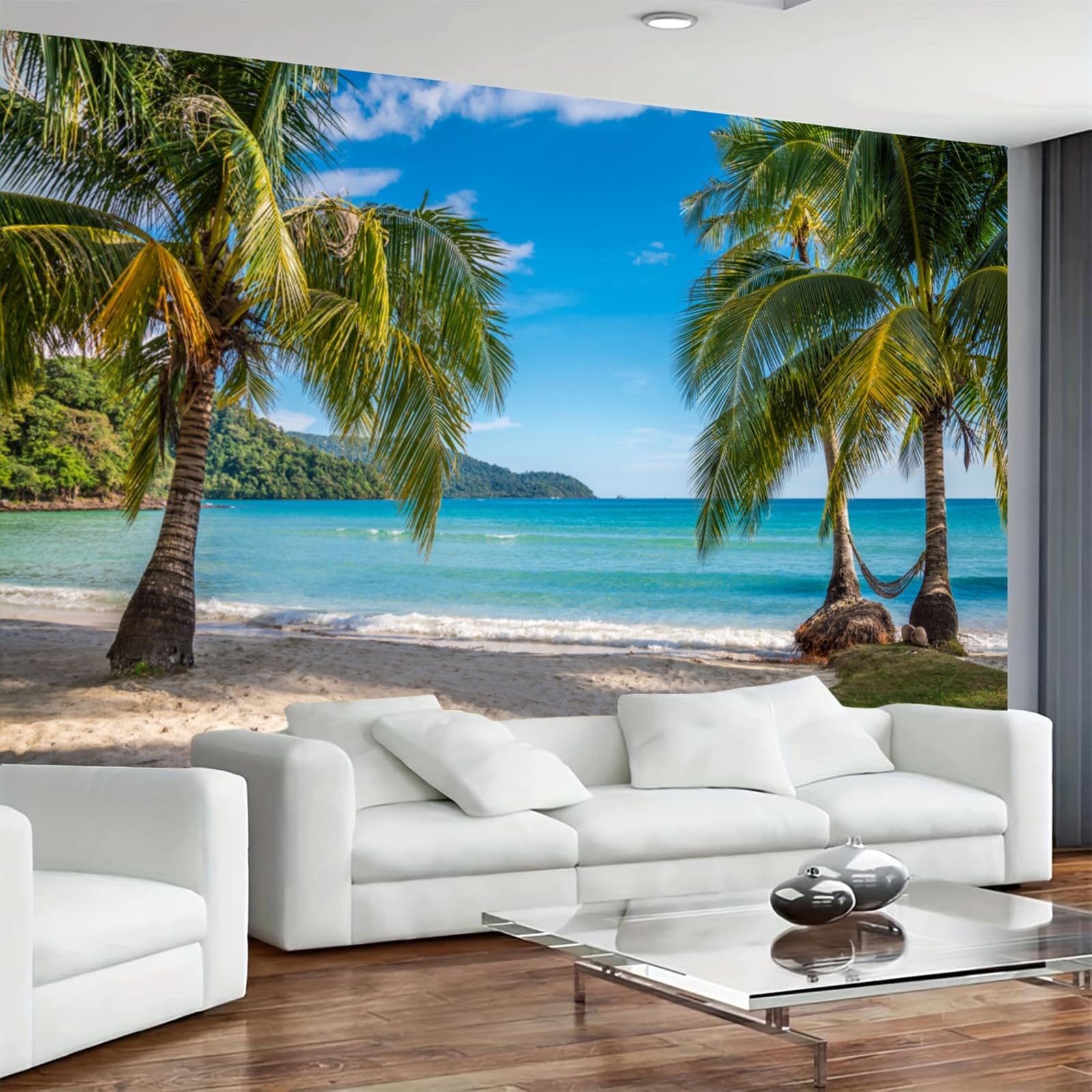 Calefee Tapisserie Murale Chambre L 200 x H 200, Tenture Murale en Polyester avec Motif Paysage Nature Mer, Palmiers