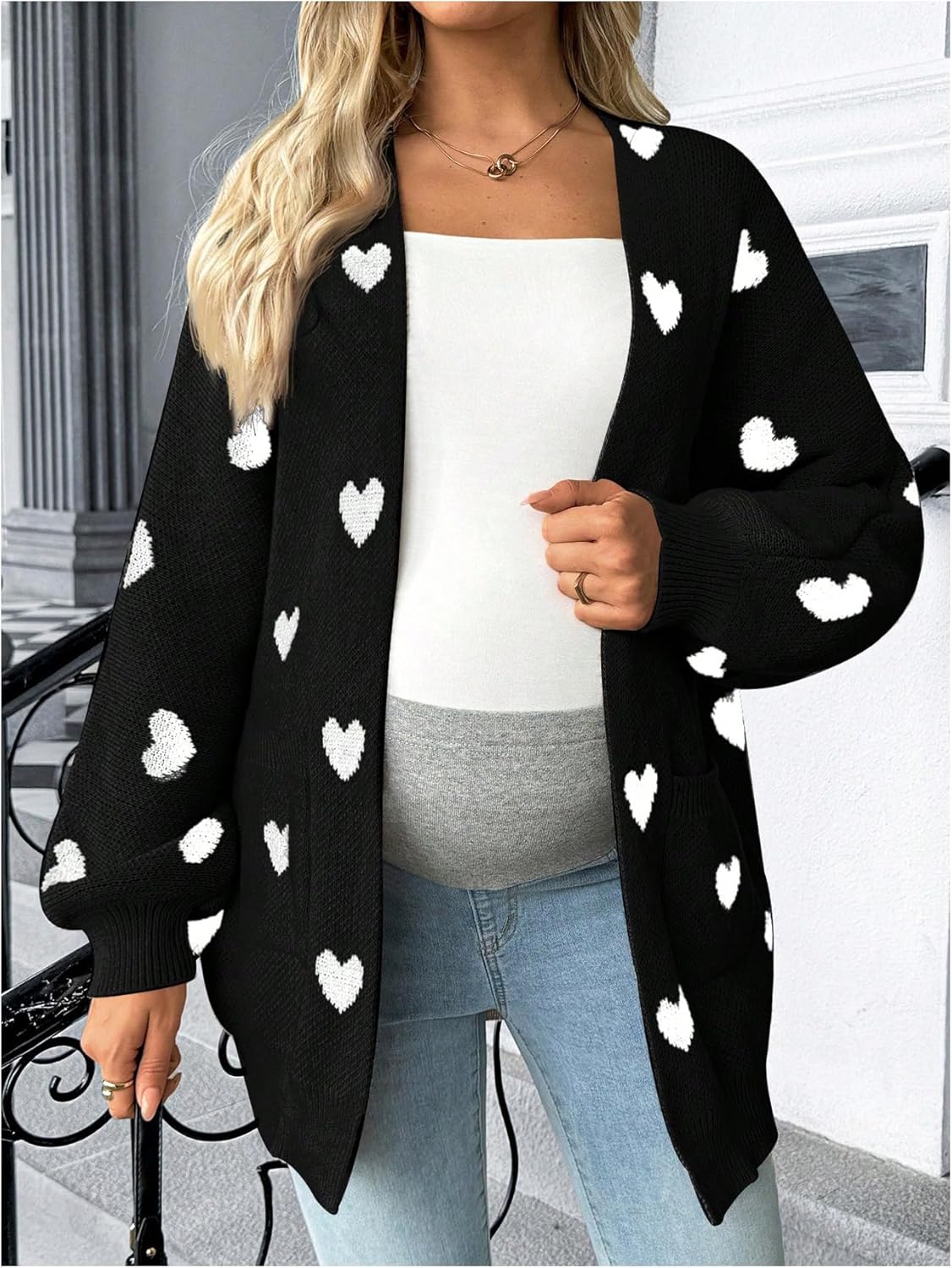 MAKEMECHIC Women's Maternity Sweater Cardigan Valentine Heart Print Long Sleeve Open Front Cute Coat - Image 4